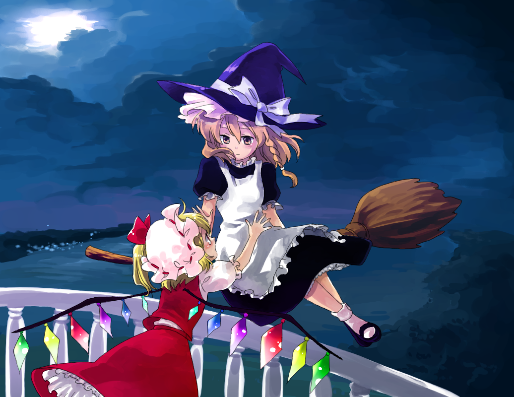 natsume (menthol), flandre scarlet, kirisame marisa, touhou, bad id, bad pixiv id, 2girls, blonde hair, broom, broom riding, female focus, hat, long hair, multiple girls, night, ribbon, short hair, sidesaddle, wings, witch, witch hat