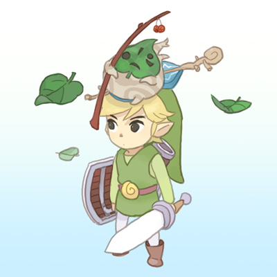 korok, link, makar, toon link, nintendo, the legend of zelda, the legend of zelda: the wind waker, lowres, black eyes, blonde hair, instrument, leaf, mask, pointy ears, shield, sword, violin, weapon