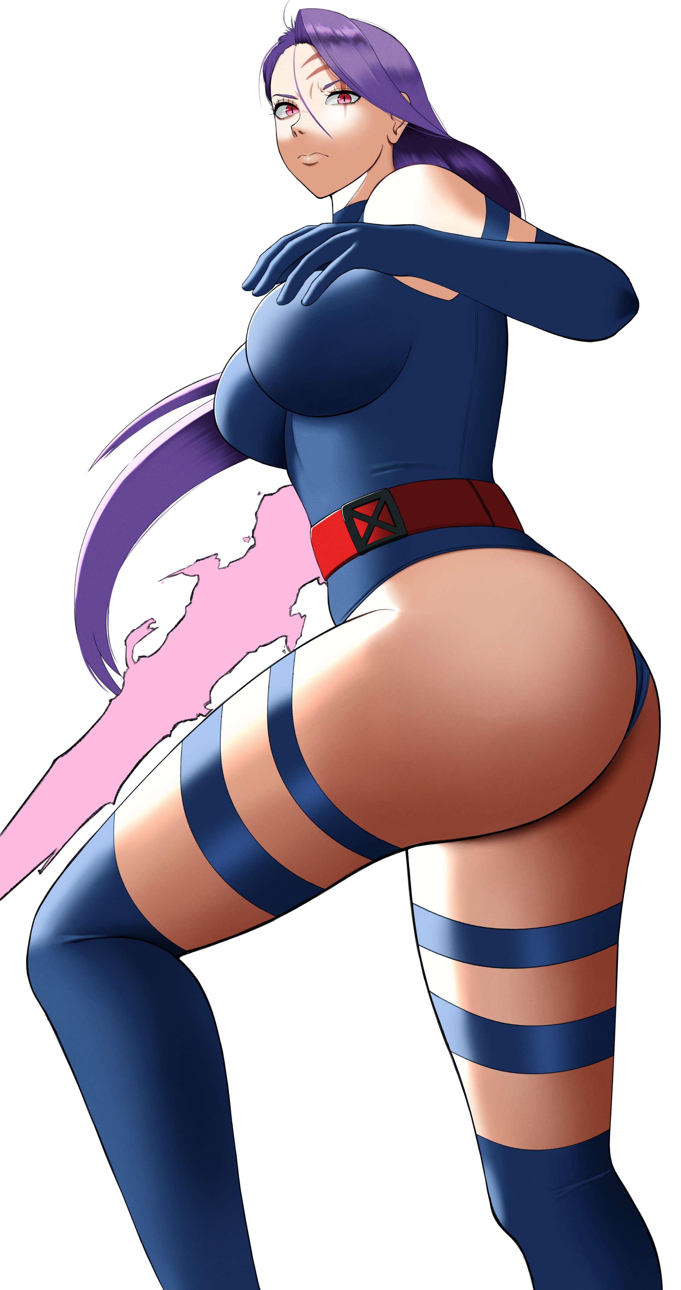 poketune, psylocke, marvel, marvel vs. capcom, marvel vs. capcom 2, x-men, 1girl, ass, breasts, elbow gloves, energy blade, energy sword, from below, gloves, leotard, long hair, looking at viewer, looking down, purple hair, scar, scar on face, solo, sword, thighs, weapon