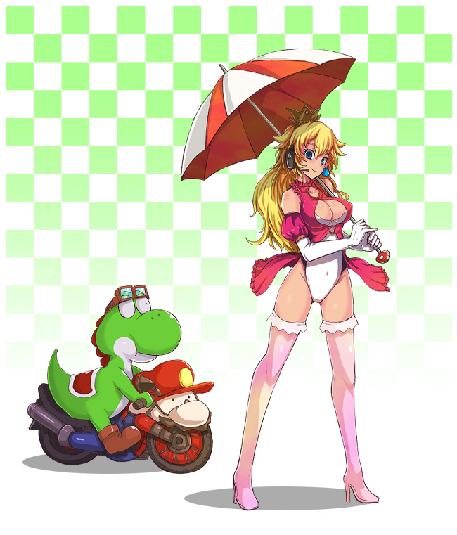 kara (color), mario, princess peach, yoshi, mario (series), mario kart, nintendo, vehicle, revision, 1girl, bare shoulders, blonde hair, blue eyes, boots, breasts, checkered background, cleavage, cleavage cutout, clothing cutout, crown, earrings, elbow gloves, gloves, goggles, headset, high heels, highleg, highleg leotard, jewelry, large breasts, leotard, long hair, motor vehicle, motorcycle, objectification, pink boots, pink thighhighs, race queen, shadow, shoes, smile, standing, thigh boots, thighhighs, umbrella, white leotard