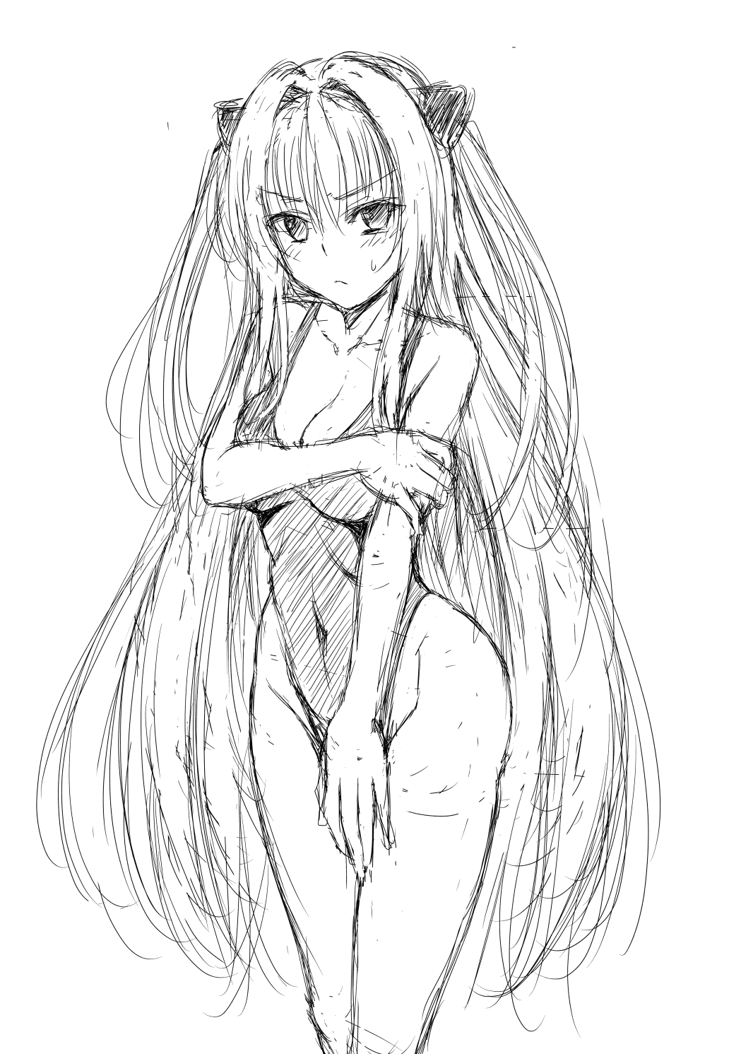 taro kasukabe, konjiki no yami, to love-ru, highres, 1girl, :<, bare shoulders, blush, breasts, cleavage, collarbone, covered navel, covering breasts, covering crotch, covering privates, hair intakes, long hair, medium breasts, monochrome, one-piece swimsuit, swimsuit, thighs, twintails, two side up