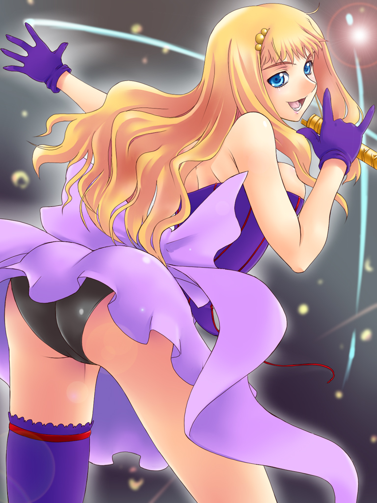 yaso shigeru, sheryl nome, macross, macross frontier, 00s, arm up, ass, asymmetrical clothes, back, bare arms, bare shoulders, black panties, blonde hair, blue eyes, breasts, dress, gloves, hair ornament, hand up, holding, holding microphone, large breasts, long hair, looking at viewer, looking back, lower teeth only, microphone, music, neon lights, outstretched arm, panties, purple dress, purple gloves, round teeth, short dress, sideboob, singing, single thighhigh, smile, solo, standing, strapless, strapless dress, teeth, thighhighs, underwear, wavy hair