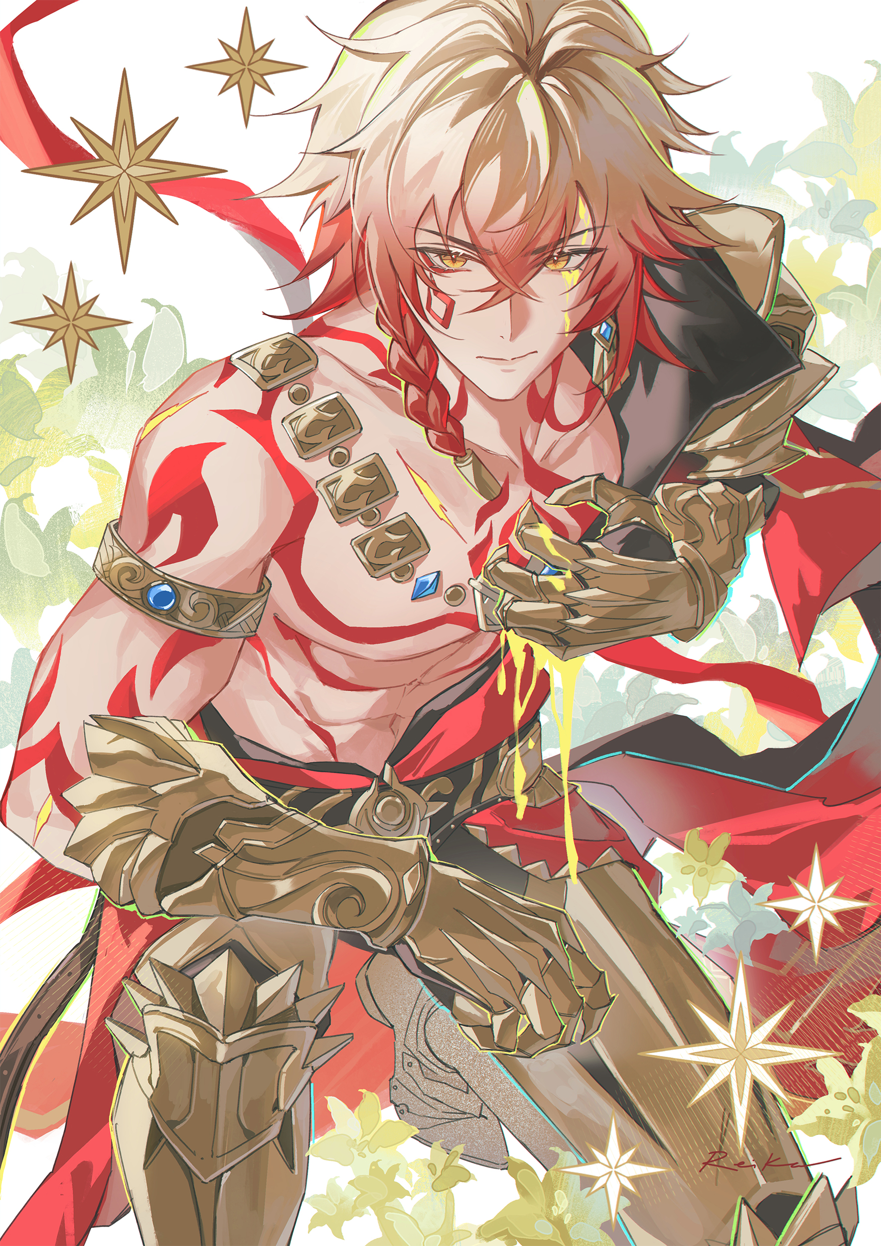 reika (reikadraws), mydei (honkai: star rail), honkai: star rail, honkai (series), absurdres, commentary, english commentary, highres, 1boy, arm tattoo, armlet, armored boots, black coat, black pants, blonde hair, blood, blood on face, boots, braid, chest tattoo, clawed gauntlets, coat, earrings, facial tattoo, gold earrings, gold necklace, gradient hair, jewelry, looking at viewer, male focus, medium hair, multicolored hair, necklace, open clothes, open coat, pants, red hair, red tattoo, side braid, solo, tattoo, yellow blood, yellow eyes