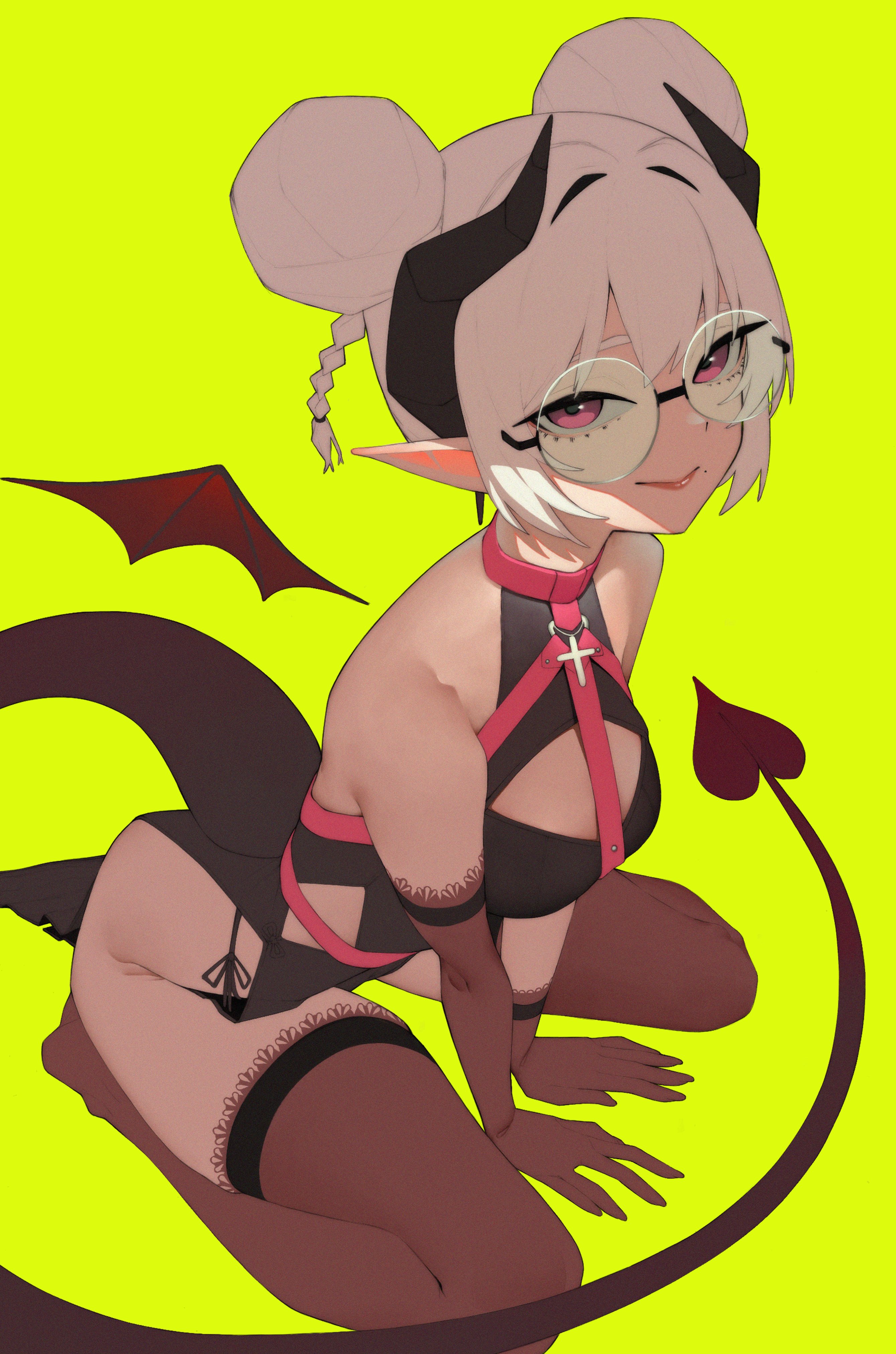 anemoneeanemone, faye (vtuber), indie virtual youtuber, absurdres, highres, 1girl, asymmetrical gloves, bare shoulders, braid, breasts, brown gloves, brown thighhighs, chest harness, demon girl, demon horns, demon tail, detached wings, double bun, elbow gloves, full body, glasses, gloves, green background, hair bun, harness, horns, long pointy ears, looking at viewer, medium breasts, mole, mole under mouth, pink eyes, pointy ears, round eyewear, simple background, single elbow glove, sitting, smile, solo, tail, thighhighs, uneven gloves, virtual youtuber, white hair, wings