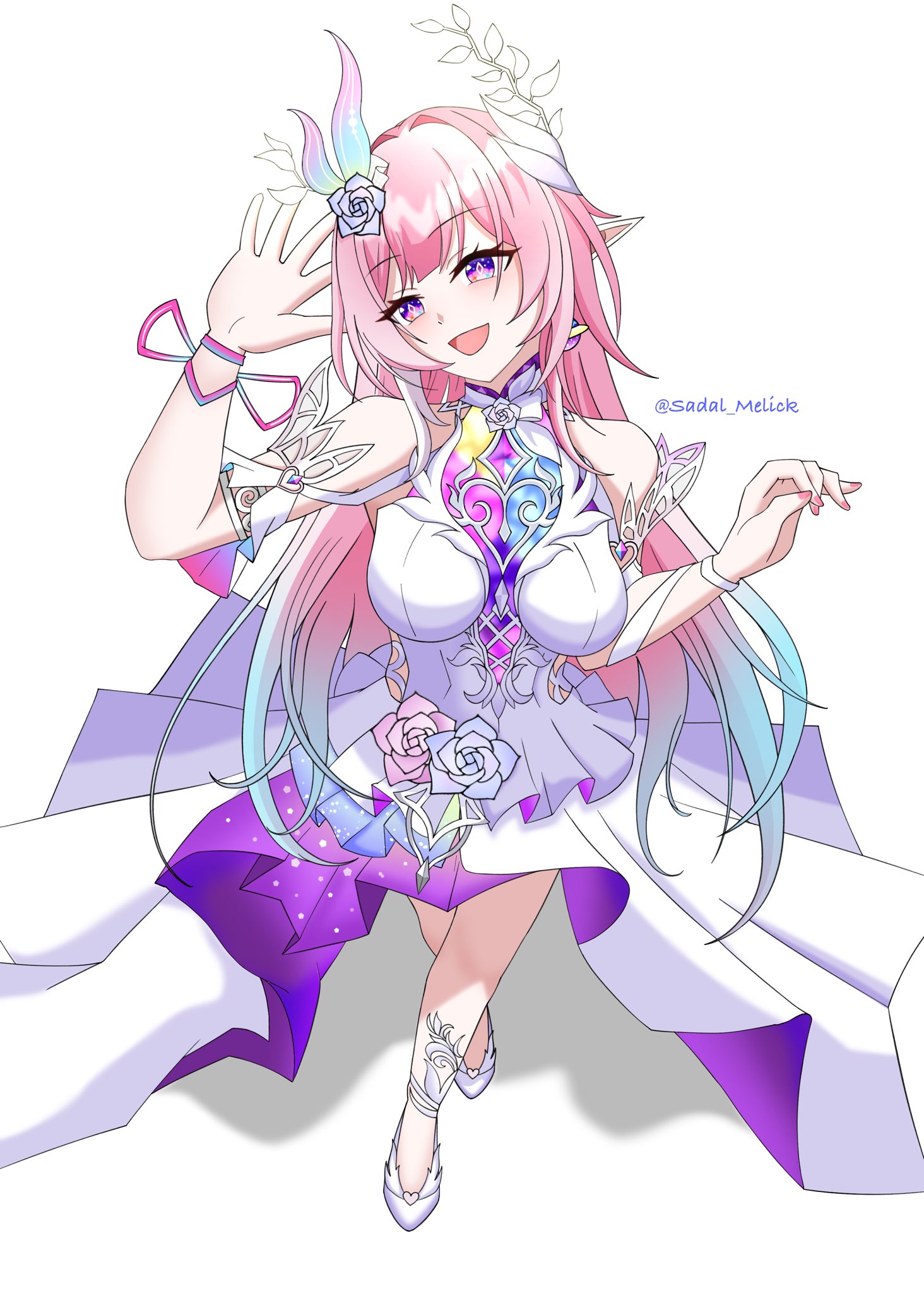 mellikeu, cyrene (honkai: star rail), cyrene (ripples of past reverie) (honkai: star rail), honkai: star rail, honkai (series), hashtag-only commentary, highres, 1girl, bare shoulders, breasts, diamond-shaped pupils, diamond (shape), dress, flower, hair flower, hair ornament, halo, large breasts, long hair, open mouth, pink hair, pointy ears, purple eyes, simple background, smile, solo, symbol-shaped pupils, twitter username, very long hair, white background, white dress