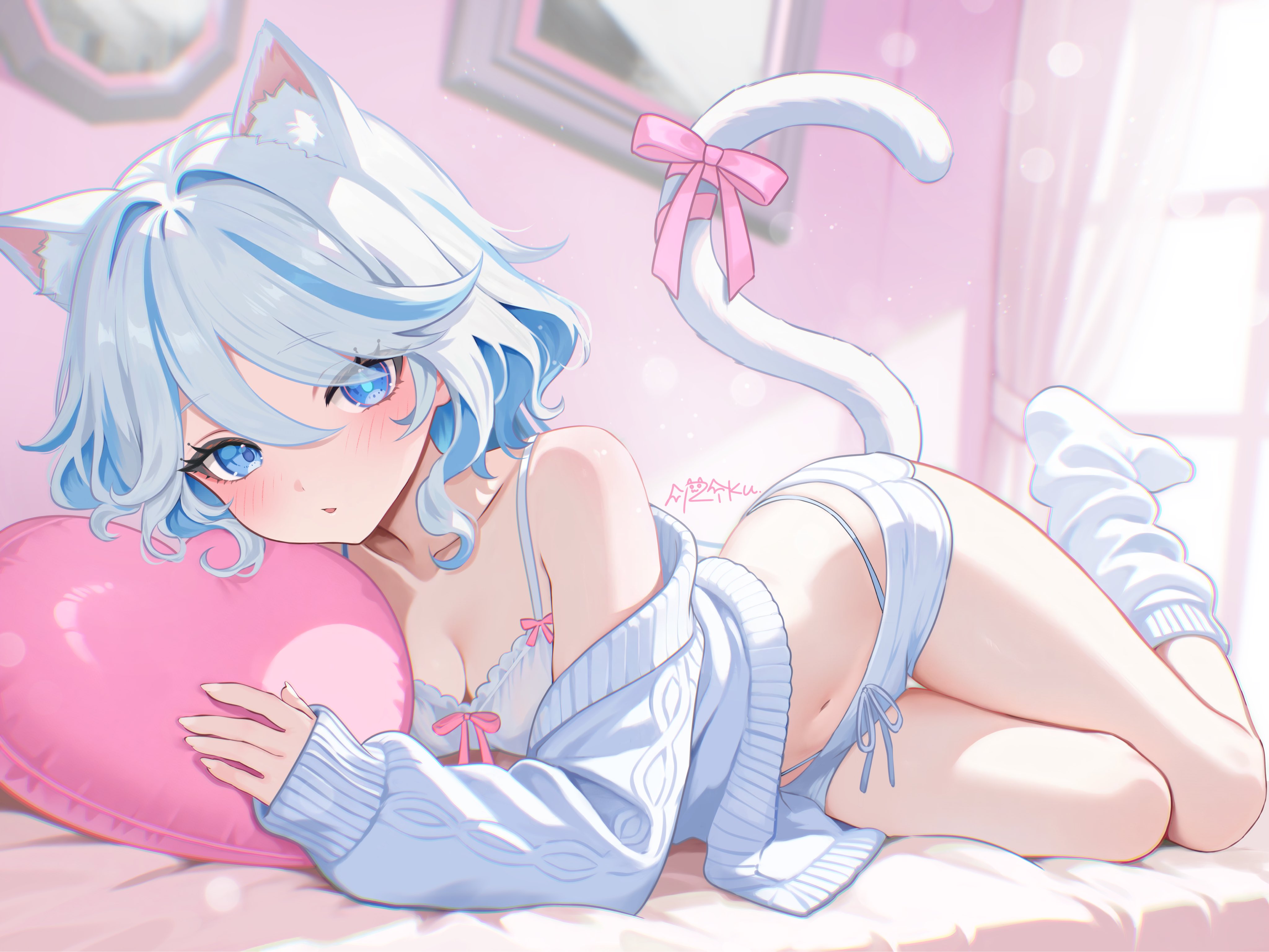 riku (rrr gns), furina (genshin impact), genshin impact, absurdres, commentary request, highres, 1girl, alternate costume, animal ears, blue eyes, blush, bra, breasts, cat ears, cat tail, cleavage, collarbone, drop-shaped pupils, grey hair, grey jacket, heart, heart-shaped pillow, heterochromia, indoors, jacket, looking at viewer, lying, medium breasts, navel, on bed, on side, parted lips, pillow, short shorts, shorts, small breasts, solo, stomach, symbol-shaped pupils, tail, underwear, wavy hair, white bra, white shorts