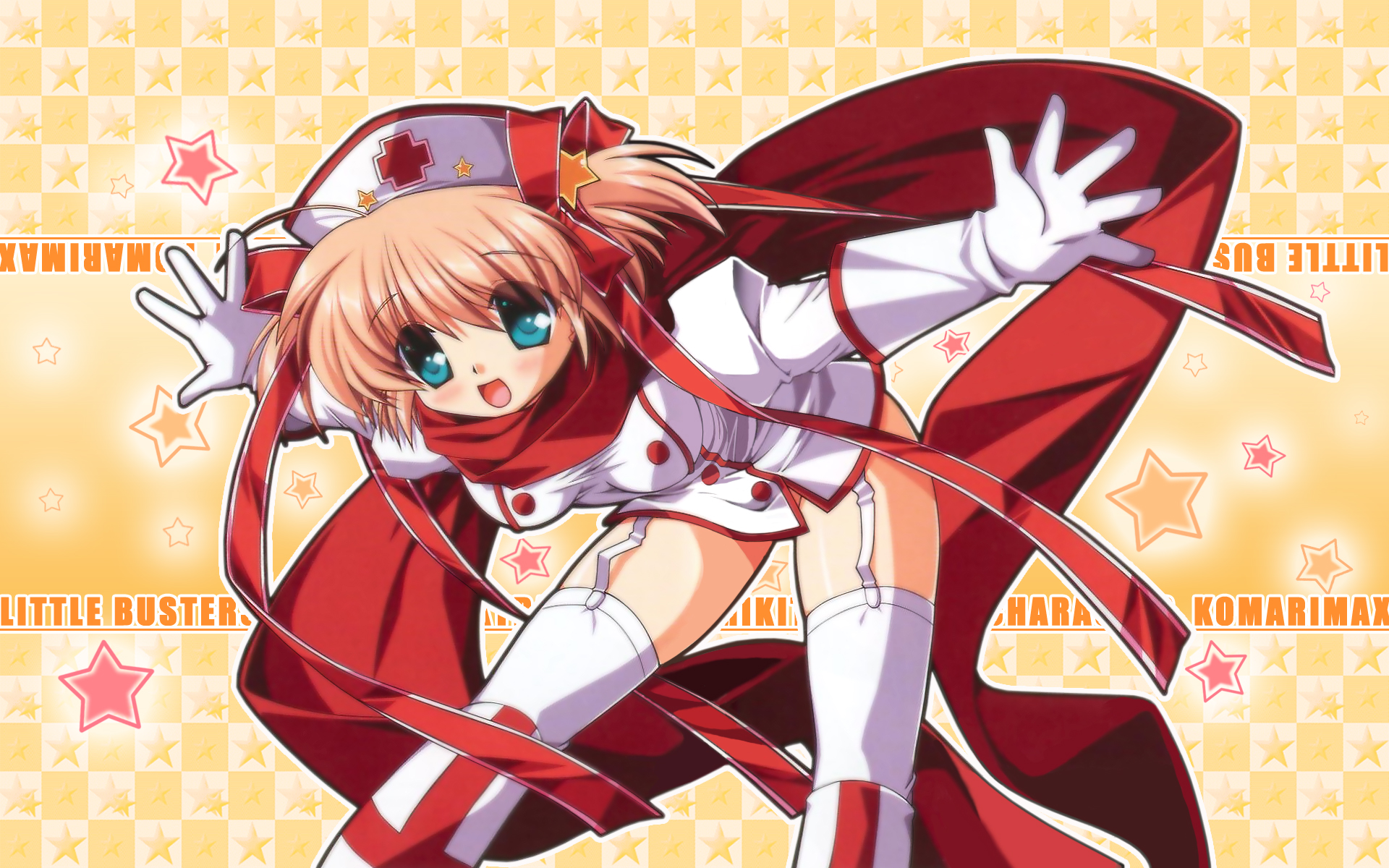 hinoue itaru, kamikita komari, little busters!, highres, 1girl, aqua eyes, blonde hair, blush, female focus, happy, no panties, nurse, ribbon, short hair, smile, solo, star (symbol), thighhighs