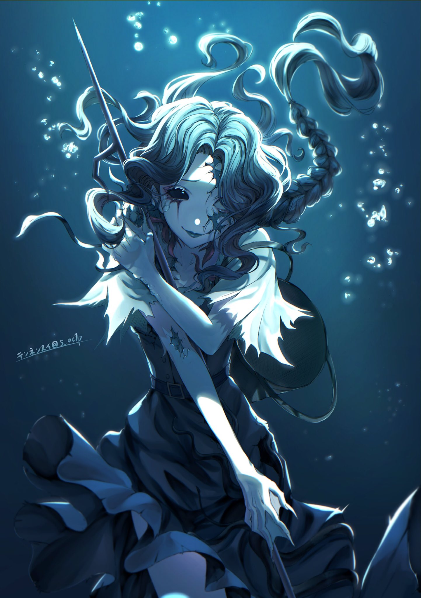 tennensui (midorinokaibutu4500), grace (identity v), identity v, highres, belt, black sclera, blank eyes, blue belt, blue dress, blue lips, blue skin, braid, bubble, colored sclera, colored skin, dress, floating hair, hair intakes, heterochromia, holding, holding weapon, looking at viewer, scar, scar on face, single braid, smile, torn clothes, underwater, wavy hair, weapon, webbed hands