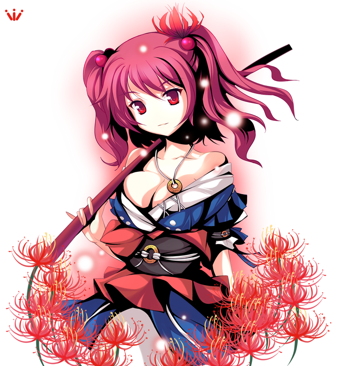 ideolo, onozuka komachi, touhou, 1girl, bare shoulders, breasts, cleavage, dress, female focus, flower, gradient background, hair bobbles, hair ornament, head tilt, no nose, plant, red eyes, red flower, red hair, scythe, short hair, solo, spider lily, white background