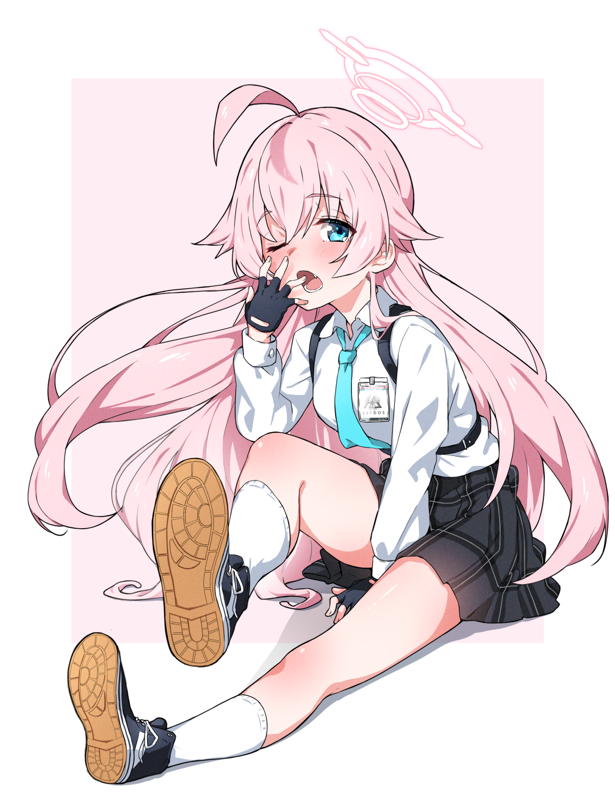 hatohane (tonnkotubird), hoshino (blue archive), blue archive, commentary, highres, 1girl, :o, abydos high school logo, ahoge, between legs, black gloves, black shoes, black skirt, blue eyes, blue necktie, blush, collared shirt, fang, film grain, fingerless gloves, floating hair, full body, gloves, halo, hand between legs, hand up, huge ahoge, id card, kneehighs, leaning forward, leg up, long hair, long sleeves, looking at viewer, lower teeth only, miniskirt, necktie, open mouth, outstretched hand, pink background, pink hair, pink halo, plaid clothes, plaid skirt, pleated skirt, school uniform, shirt, shoe soles, shoes, simple background, sitting, skirt, sleepy, sneakers, socks, solo, tears, teeth, two-tone background, very long hair, white background, white shirt, white socks, yawning