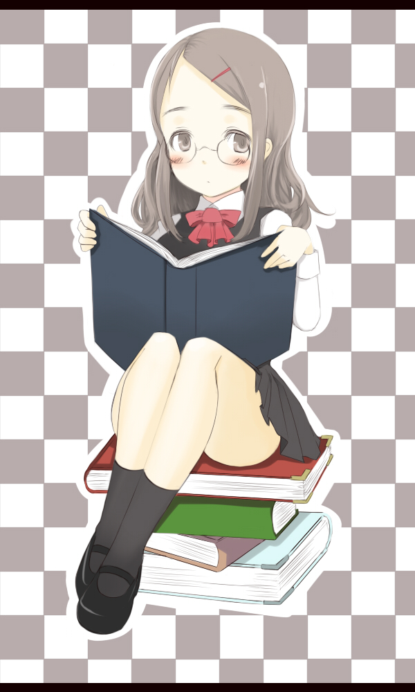 oza watto, original, 1girl, black socks, blush, book, book stack, bow, bowtie, brown eyes, brown hair, checkered background, female focus, glasses, grey eyes, grey hair, hair ornament, hairclip, letterboxed, long hair, mary janes, shoes, sitting, skirt, socks, solo