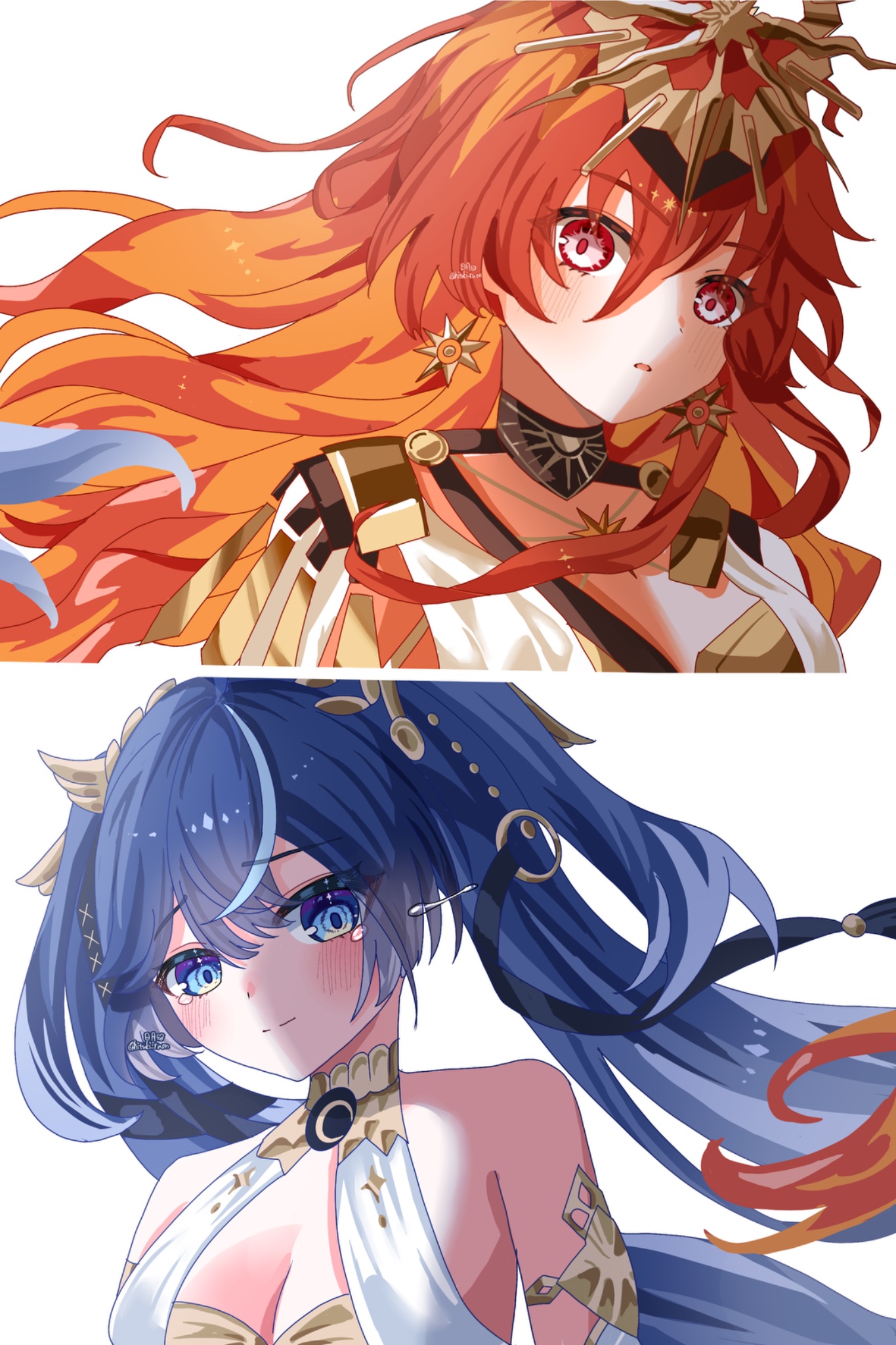 hitsuki (ruon), augusta (wuthering waves), iuno (wuthering waves), wuthering waves, commentary request, highres, 2girls, armlet, bare shoulders, blue eyes, blue hair, blush, breasts, cleavage, closed mouth, earrings, gold bra, hair belt, hair between eyes, headgear, jewelry, long hair, medium breasts, multicolored hair, multiple girls, orange hair, parted lips, red eyes, smile, streaked hair, sun earrings, sun necklace, tearing up, twintails
