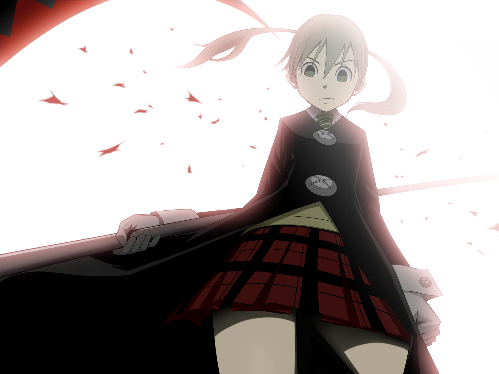 penpen (penpen1942), maka albarn, soul eater, bad id, bad pixiv id, highres, 00s, 1girl, brown hair, female focus, green eyes, scythe, skirt, solo