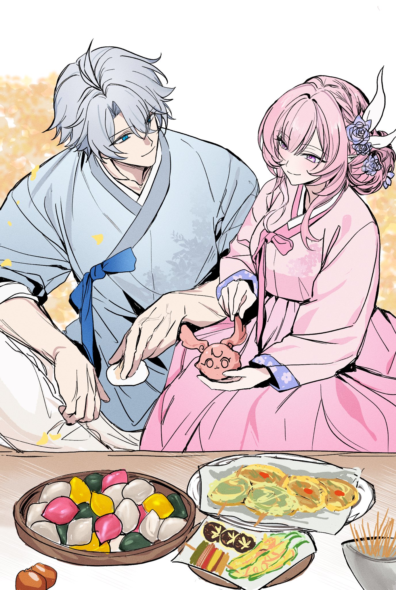 ilsijeongj2213, cyrene (honkai: star rail), cyrene (ripples of past reverie) (honkai: star rail), mem (honkai: star rail), phainon (honkai: star rail), honkai: star rail, honkai (series), commentary request, food request, highres, korean commentary, 1boy, 1girl, ahoge, alternate costume, blue eyes, blue kimono, flower, food, hair flower, hair ornament, holding, holding food, japanese clothes, kimono, pink hair, pink kimono, plate, purple eyes, short hair, smile, white hair