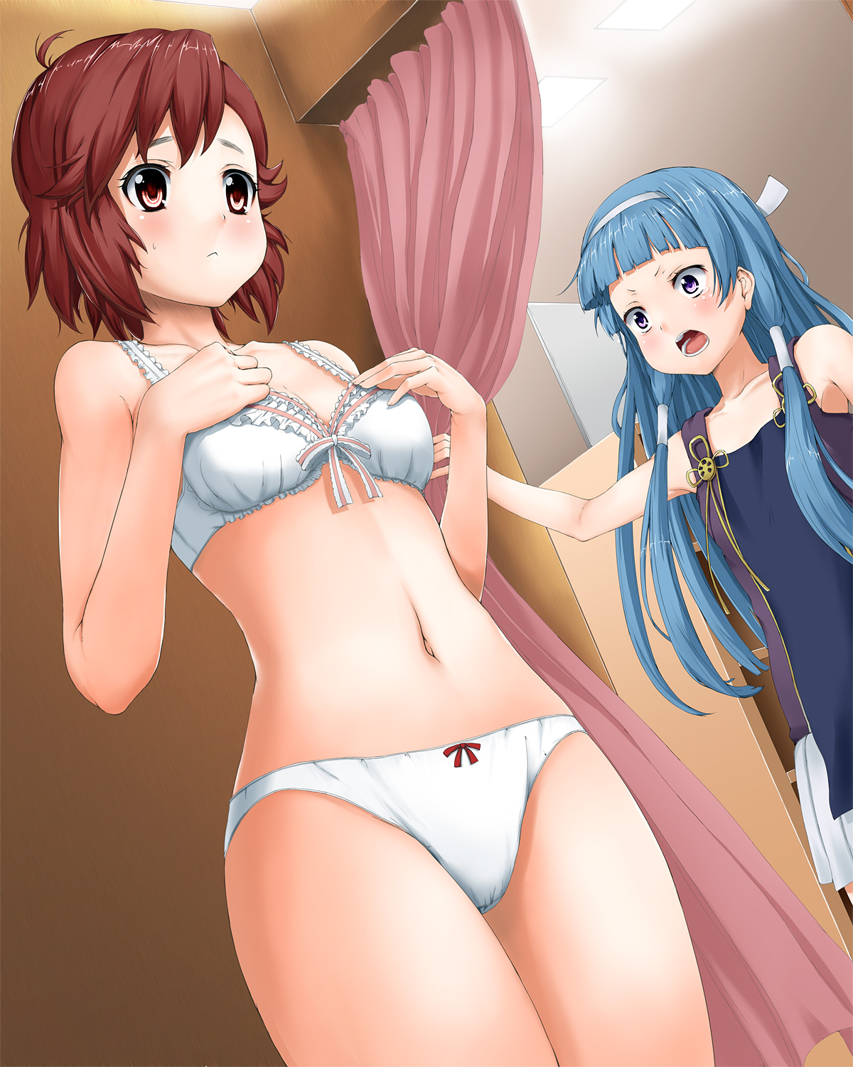 fujioka toki, aoba tsugumi, nagi, kannagi, highres, 00s, 2girls, blue eyes, blue hair, blunt bangs, bra, hairband, lingerie, long hair, multiple girls, panties, purple eyes, red eyes, red hair, short hair, underwear, underwear only