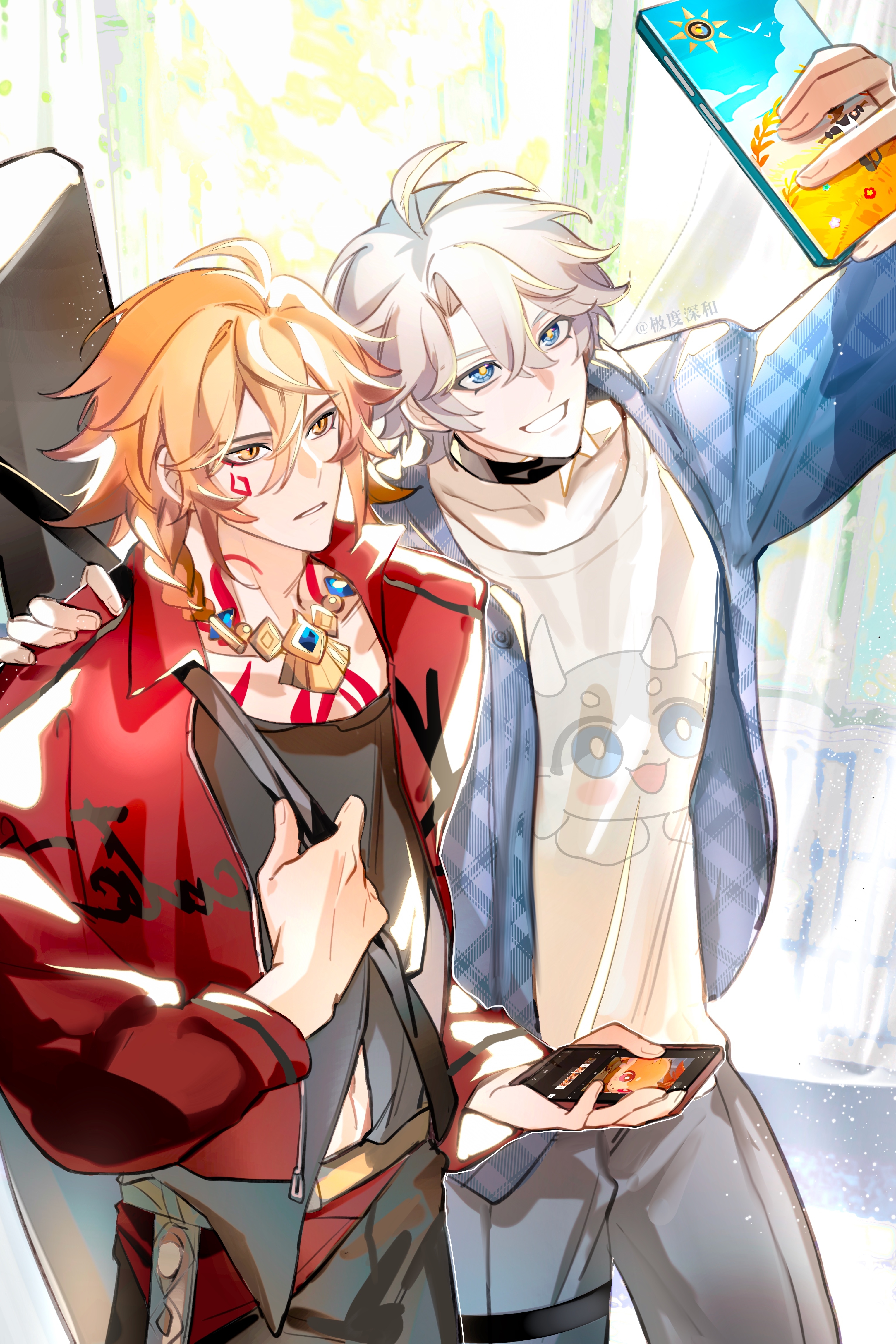 mydei (honkai: star rail), phainon (honkai: star rail), honkai: star rail, honkai (series), absurdres, chinese commentary, commentary request, highres, 2boys, antenna hair, black choker, black pants, black shirt, blonde hair, blue eyes, blue jacket, braid, cellphone, chest tattoo, choker, facial tattoo, gold necklace, gradient hair, grey pants, holding, holding phone, jacket, jewelry, jidushenheemm, male focus, medium hair, multicolored hair, multiple boys, neck tattoo, necklace, open clothes, open jacket, pants, parted bangs, phone, red hair, red jacket, red tattoo, shirt, short hair, side braid, smartphone, taking picture, tattoo, white hair, white shirt, yellow eyes