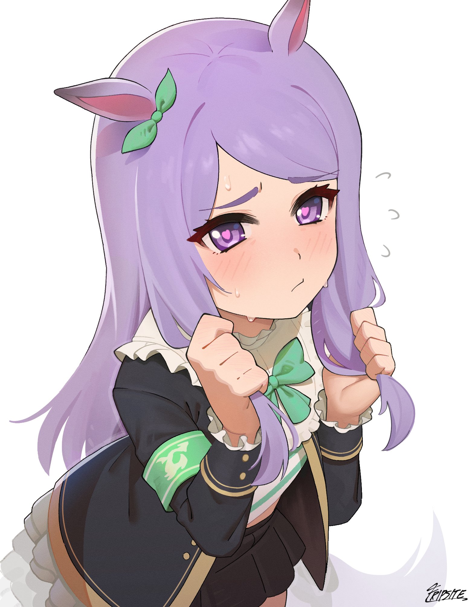 sleepy frippy, mejiro mcqueen (frontline elegance) (umamusume), mejiro mcqueen (umamusume), umamusume, highres, 1girl, animal ears, blush, bow, ear bow, heart, heart-shaped pupils, holding, holding own hair, horse ears, horse girl, horse tail, long hair, long sleeves, looking at viewer, purple eyes, purple hair, shirt, skirt, solo, symbol-shaped pupils, tail, white background