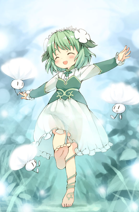 kito (sorahate), kinoko-san, original, eyebrows, bad id, bad pixiv id, 1girl, barefoot, blush, dress, feet, female focus, green hair, happy, short hair, short twintails, solo, twintails