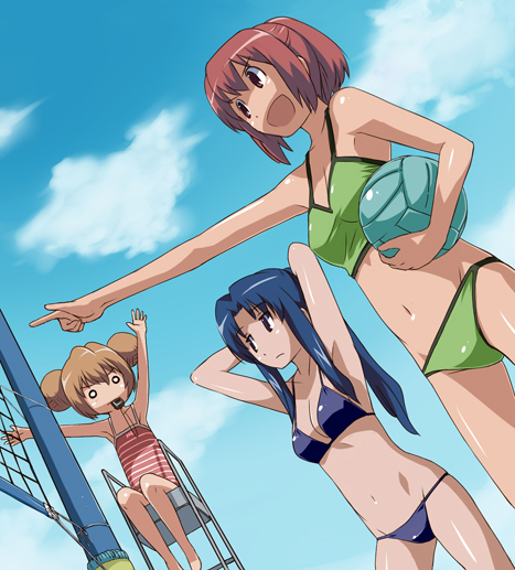 imo works, aisaka taiga, kawashima ami, kushieda minori, toradora!, 00s, 3girls, o/, alternate hairstyle, arms behind head, arms up, ball, beach volleyball, bikini, blonde hair, blue hair, breasts, cleavage, day, double bun, dutch angle, hair bun, long hair, medium breasts, midriff, multiple girls, navel, o o, one-piece swimsuit, open mouth, outdoors, outstretched arms, pointing, ponytail, red hair, short hair, sitting, small breasts, smile, swimsuit, volleyball, volleyball (object), whistle
