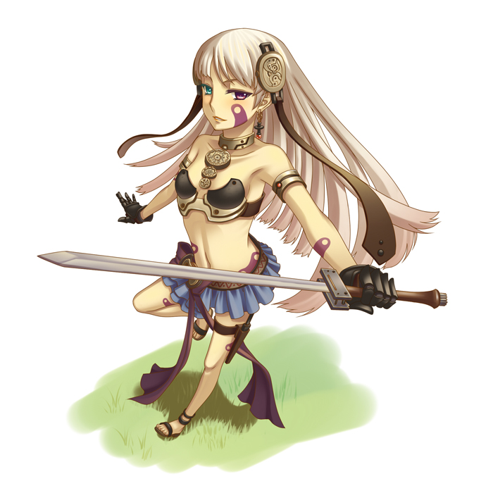 terumii, original, bad id, bad pixiv id, earrings, fantasy, gloves, heterochromia, jewelry, legs, lips, solo, sword, weapon, white hair