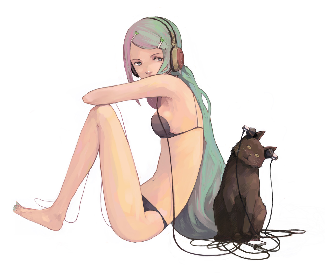 guitar (guitars), hatsune miku, vocaloid, 1girl, alternate hairstyle, barefoot, bra, cat, female focus, food-themed clothes, green hair, hair ornament, hairclip, head tilt, headphones, lingerie, long hair, panties, simple background, sitting, solo, spring onion, underwear