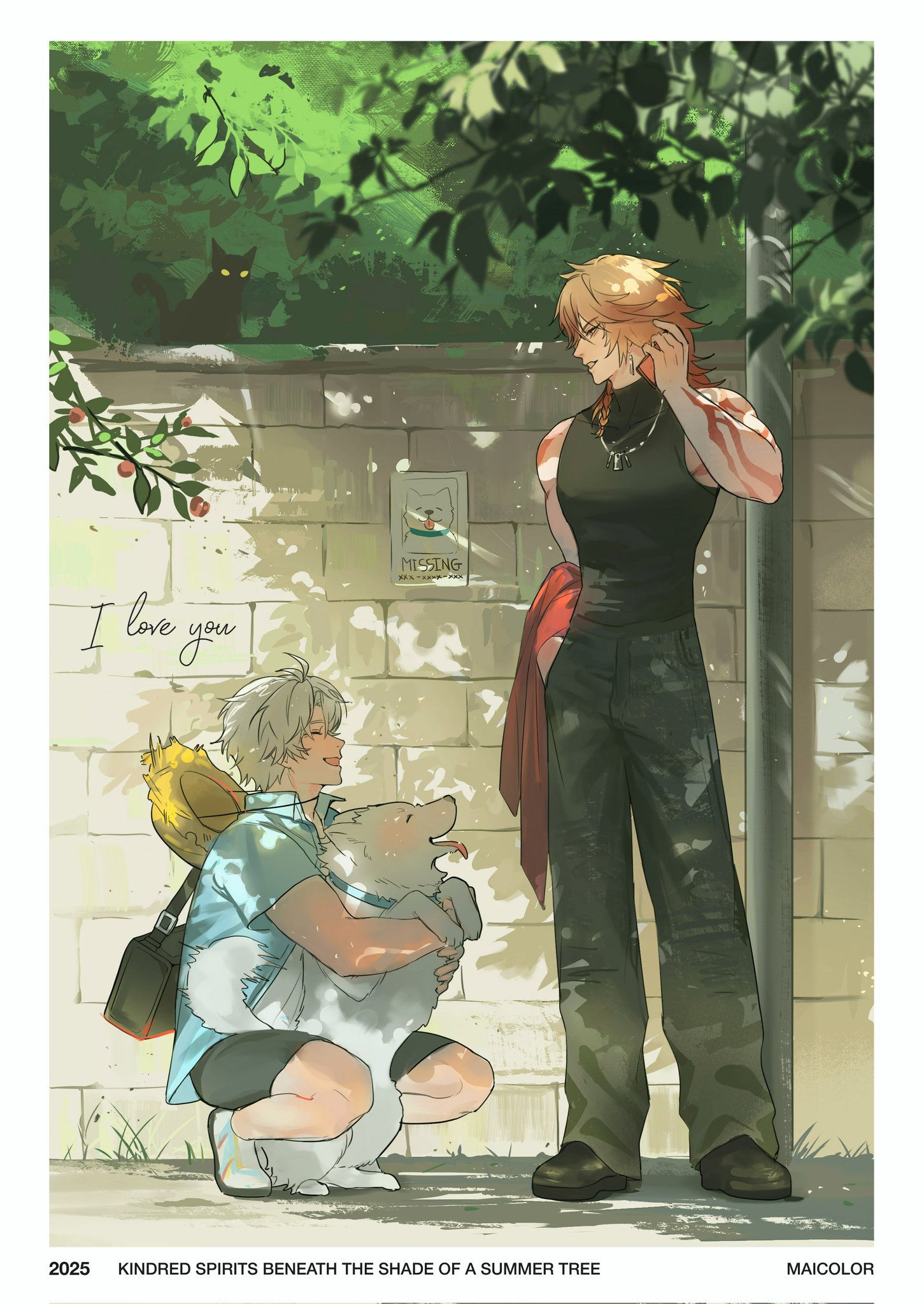 maicolor, mydei (honkai: star rail), phainon (honkai: star rail), honkai: star rail, honkai (series), commentary, english commentary, highres, 2boys, animal, antenna hair, artist name, black pants, black shoes, black shorts, black tank top, blonde hair, blue shirt, braid, cellphone, chest tattoo, closed eyes, collared shirt, dog, gradient hair, holding, holding animal, holding dog, holding phone, male focus, medium hair, multicolored hair, multiple boys, pants, parted bangs, phone, red hair, red tattoo, shirt, shoes, short hair, shorts, side braid, smartphone, squatting, tank top, tattoo, white hair, yellow eyes