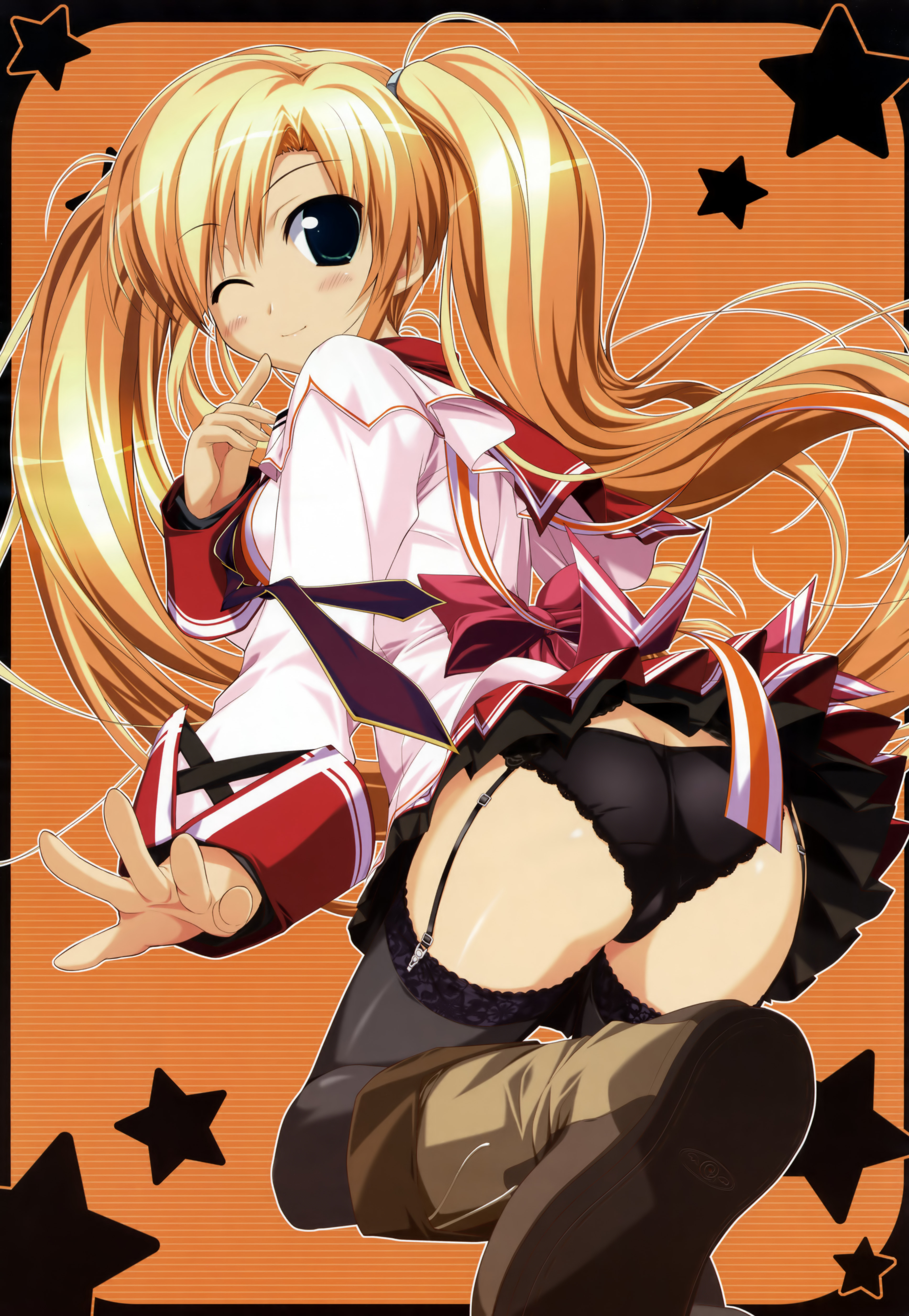 original, absurdres, highres, 1girl, ass, blonde hair, female focus, green eyes, long hair, one eye closed, panties, school uniform, solo, thighhighs, twintails, underwear, wink