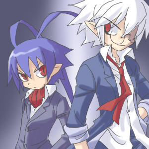 karina, laharl, mao (disgaea), disgaea, makai senki disgaea 2, makai senki disgaea 3, nippon ichi, lowres, 2boys, blue hair, formal clothes, glasses, male focus, multiple boys, necktie, red eyes, suit, trait connection, white hair