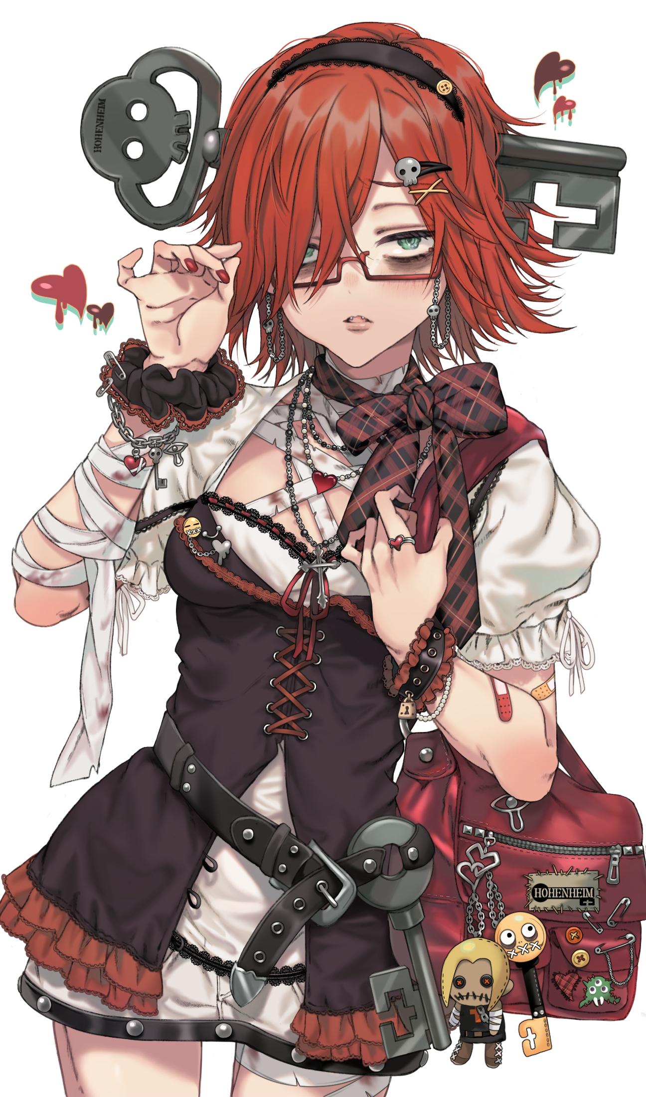 kayanogura, a.b.a, guilty gear, commentary request, highres, 1girl, bag, bandaged arm, bandages, bandaid, bandaid on arm, black dress, black hairband, breasts, dress, fangs, glasses, green eyes, hair over one eye, hairband, hands up, heart, key, lace-trimmed hairband, lace trim, looking at viewer, nail polish, parted lips, puffy short sleeves, puffy sleeves, red-framed eyewear, red hair, red nails, semi-rimless eyewear, short sleeves, shoulder bag, simple background, skull, small breasts, solo, under-rim eyewear, white background, white dress