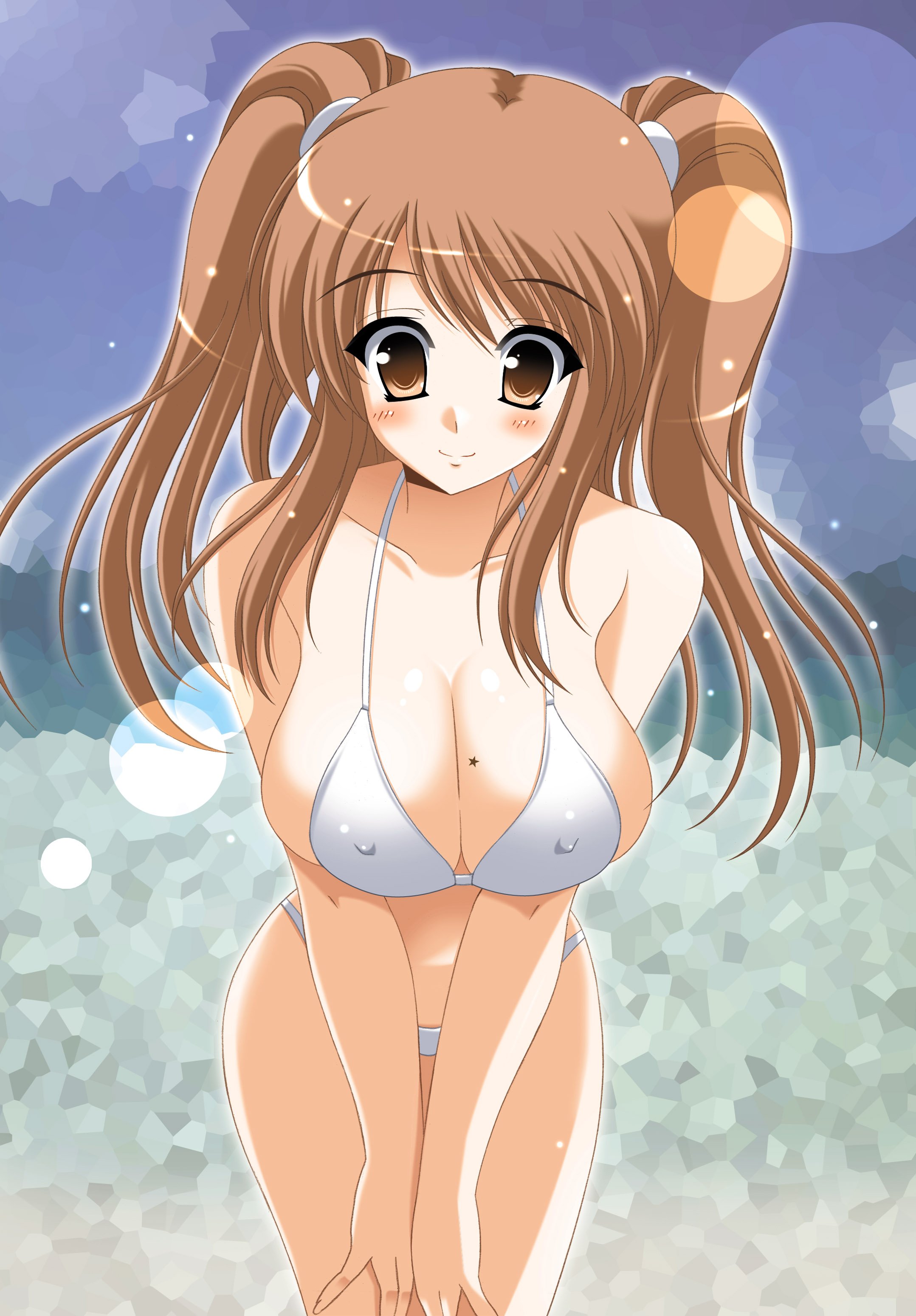 oda ken'ichi, asahina mikuru, suzumiya haruhi no yuuutsu, absurdres, highres, 00s, 1girl, bent over, bikini, blush, breasts, brown eyes, brown hair, cleavage, covered erect nipples, female focus, huge breasts, large breasts, mole, mole on breast, official alternate hairstyle, solo, swimsuit, twintails, white bikini