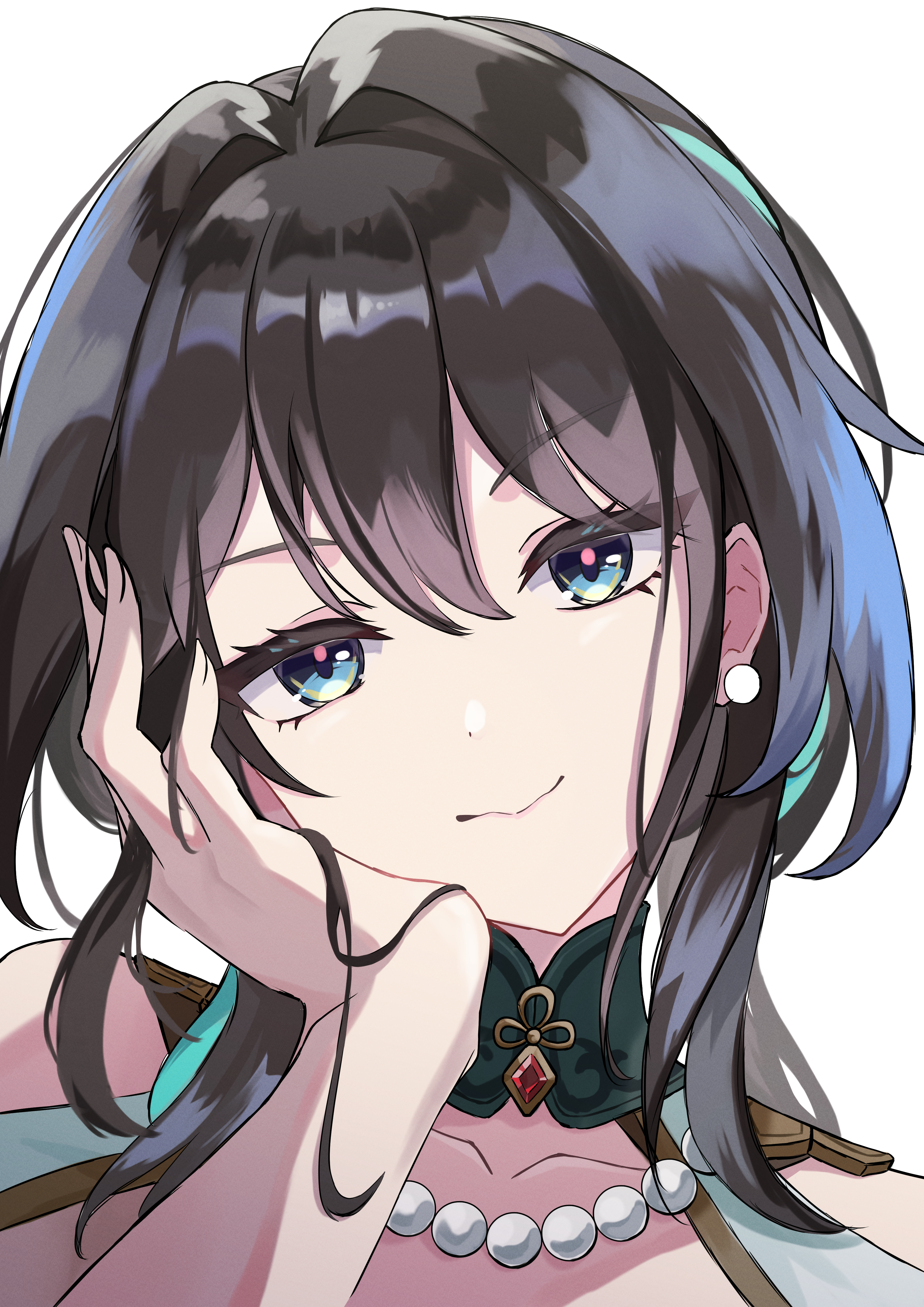 tokonatsu (epfm5277), ruan mei (honkai: star rail), honkai: star rail, honkai (series), absurdres, highres, 1girl, aqua collar, aqua eyes, beads, black hair, collar, earrings, gem, hair between eyes, jewelry, multicolored eyes, multicolored hair, red gemstone, single earring, smile, streaked hair, two-tone eyes, white background