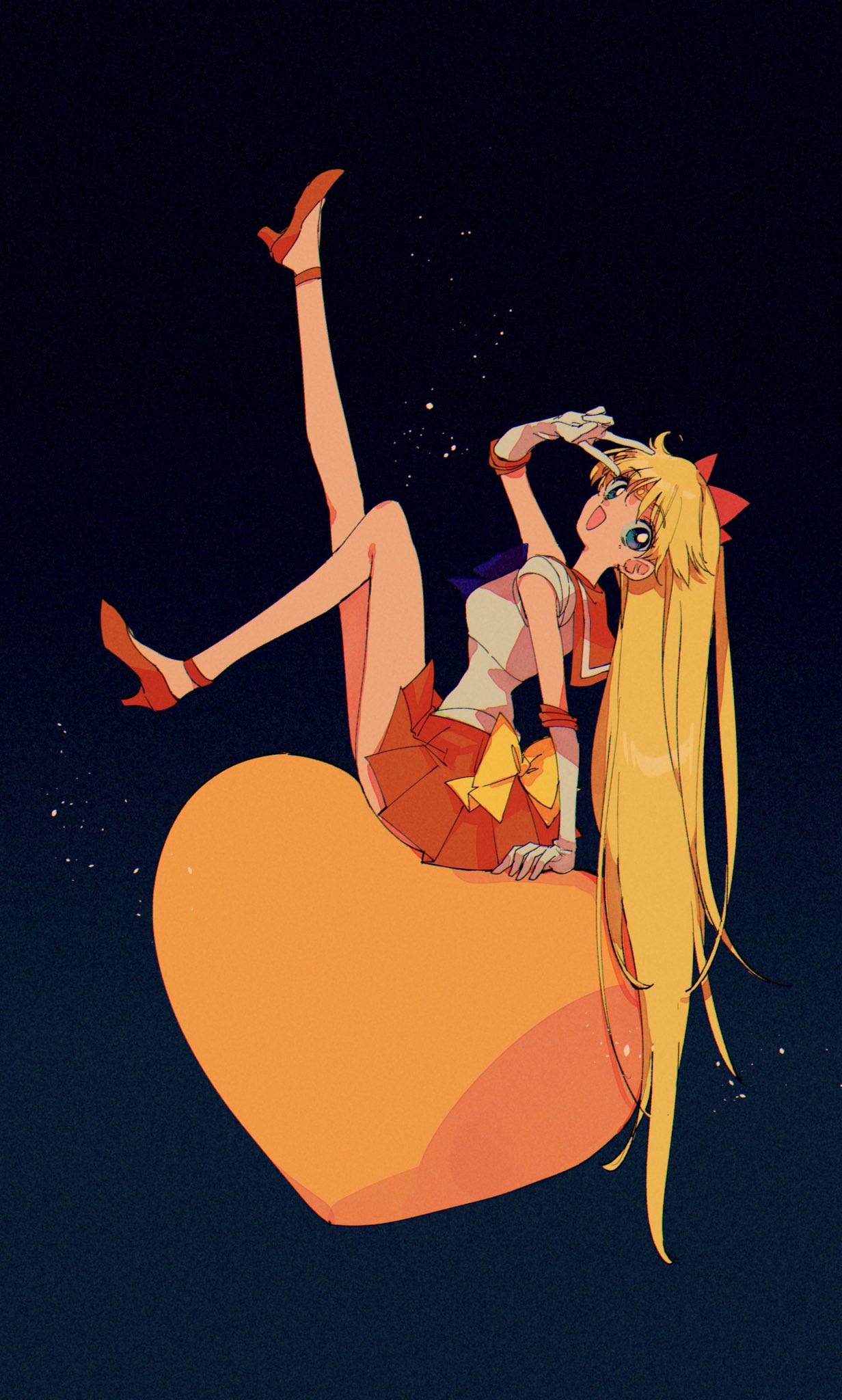 pochi (askas is god), aino minako, sailor venus, bishoujo senshi sailor moon, highres, 1girl, back bow, blonde hair, blue eyes, bow, choker, earrings, elbow gloves, full body, gloves, hair bow, heart, jewelry, long hair, looking at viewer, orange choker, orange sailor collar, orange skirt, pleated skirt, red bow, sailor collar, sailor senshi uniform, sitting, skirt, smile, solo, v, white gloves