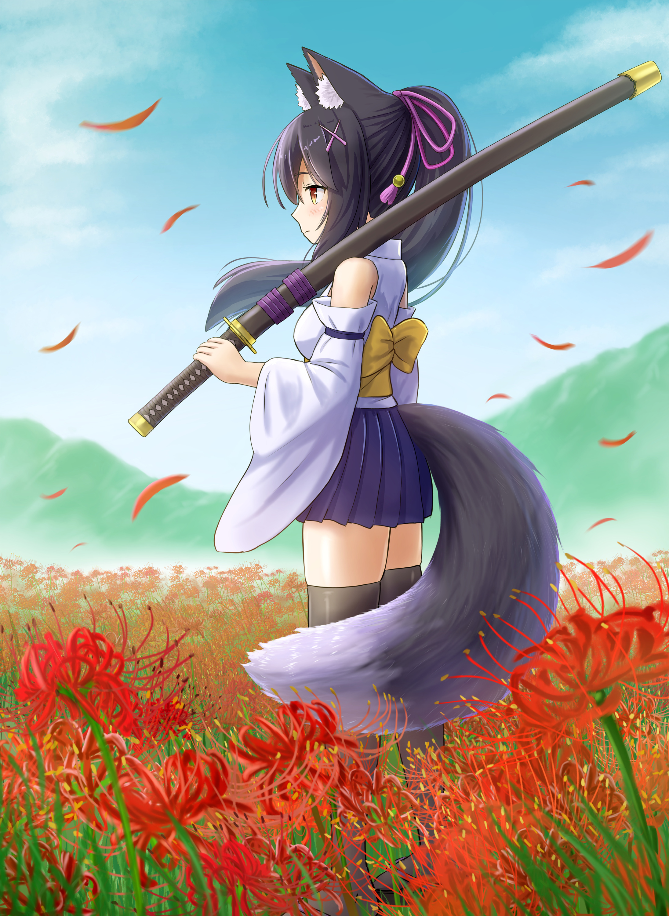 iroha (iroha matsurika), kunoichi-chan (iroha (iroha matsurika)), original, absurdres, commentary request, highres, 1girl, animal ear fluff, animal ears, bare shoulders, black hair, blue skirt, blue sky, bow, brown eyes, cloud, day, detached sleeves, floating hair, flower, from side, grey thighhighs, hair ornament, hairclip, holding, holding sword, holding weapon, japanese clothes, katana, kimono, long hair, long sleeves, mountain, outdoors, petals, pleated skirt, ponytail, profile, red flower, sheath, sheathed, skirt, sky, sleeveless, sleeveless kimono, solo, spider lily, standing, sword, tail, thighhighs, weapon, white kimono, white sleeves, wide sleeves, wolf ears, wolf girl, wolf tail, x hair ornament, yellow bow