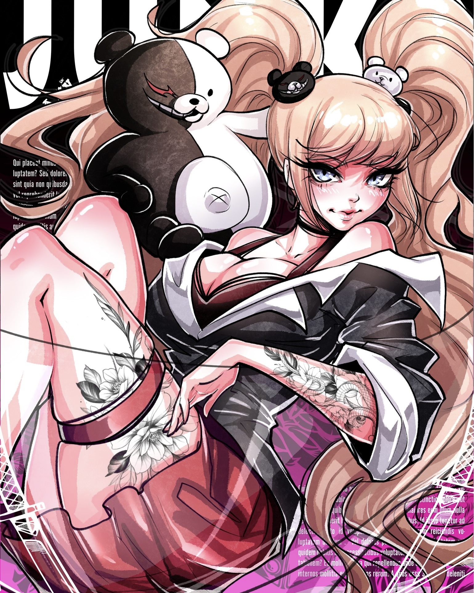 vansikart, enoshima junko, monokuma, danganronpa: trigger happy havoc, danganronpa (series), 1girl, arm tattoo, bear hair ornament, blonde hair, blue eyes, blush, breasts, cleavage, closed mouth, female focus, hair ornament, large breasts, leg tattoo, long hair, looking at viewer, red skirt, skirt, solo, solo focus, tattoo, twintails