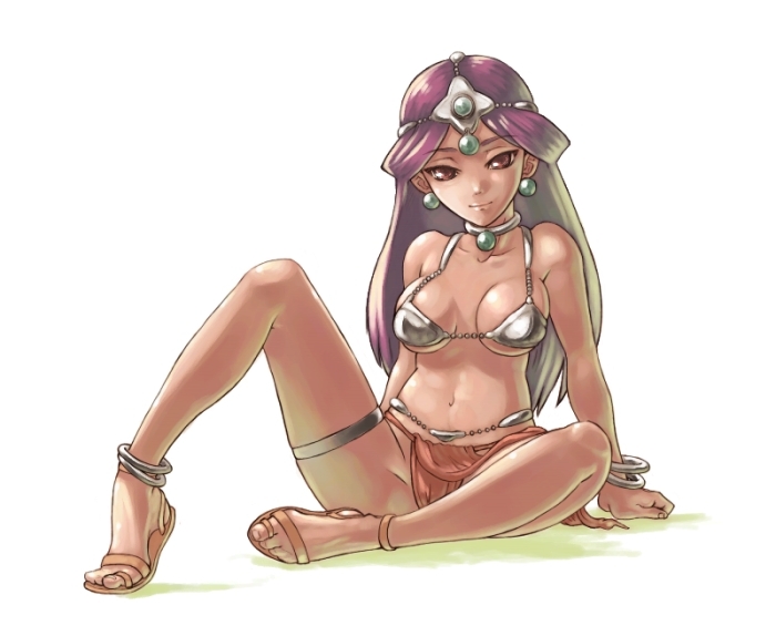 yam (artist), yamu (yamu), manya (dq4), chunsoft, dragon quest, dragon quest iv, enix, bad id, bad pixiv id, 1girl, bikini, bikini top only, circlet, dark-skinned female, dark skin, earrings, female focus, jewelry, loincloth, long hair, pelvic curtain, purple hair, red eyes, sitting, solo, swimsuit