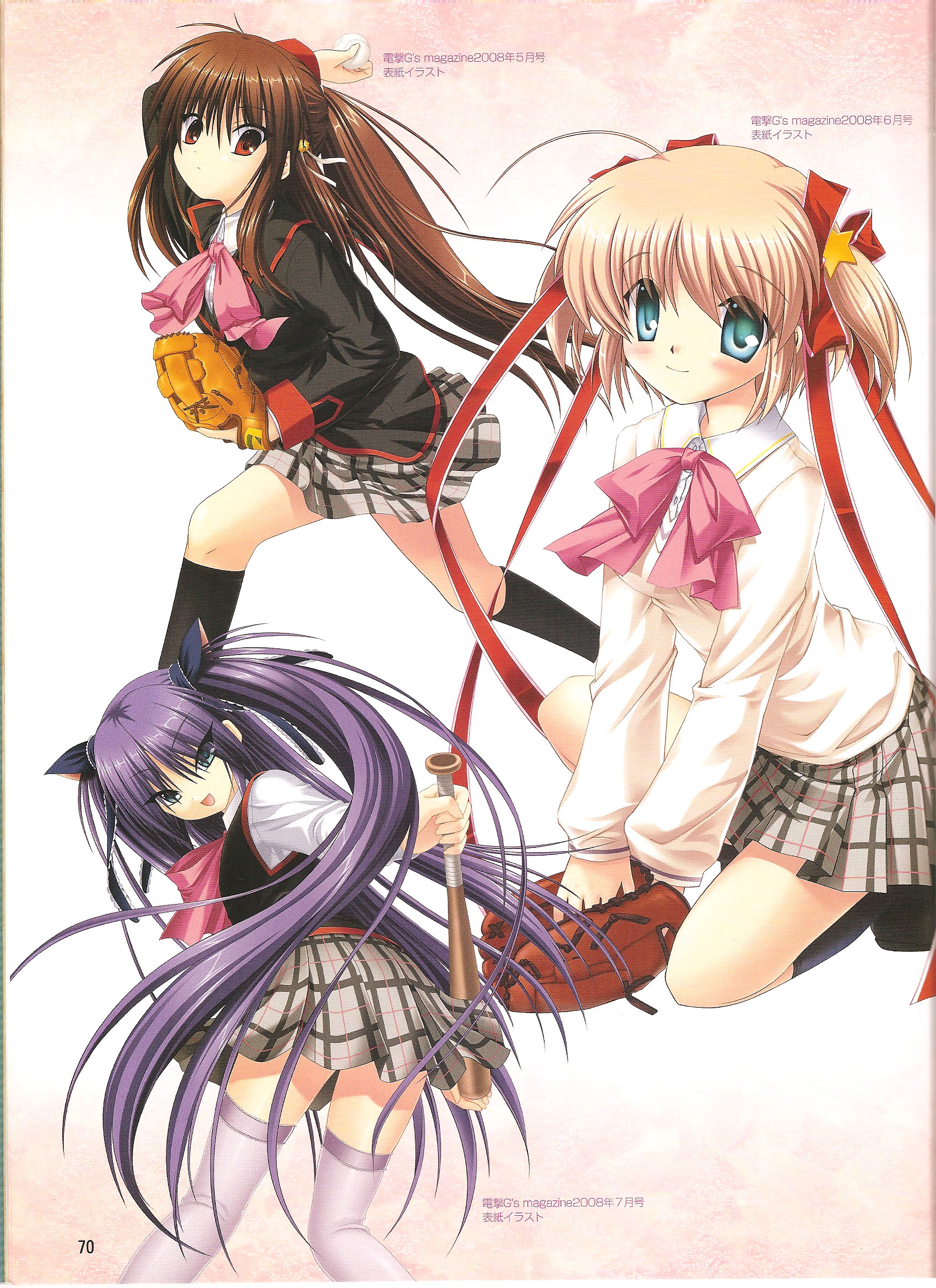 hinoue itaru, na-ga, kamikita komari, natsume rin, sasasegawa sasami, little busters!, highres, 3girls, aqua eyes, baseball, baseball bat, blonde hair, bow, brown hair, long hair, multiple girls, pink bow, purple eyes, purple hair, red eyes, ribbon, school uniform, short hair, sitting, twintails, very long hair
