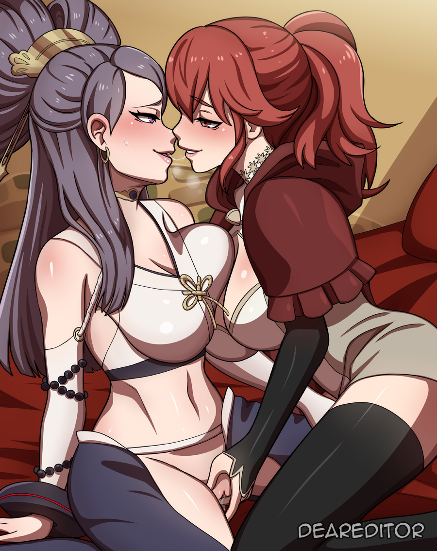 deareditor, anna (fire emblem), orochi (fire emblem), fire emblem, fire emblem fates, nintendo, 2girls, asymmetrical docking, breast press, breasts, fingering, green eyes, hair ornament, japanese clothes, large breasts, multiple girls, navel, purple eyes, purple hair, pussy, pussy juice, red hair, saliva, saliva trail