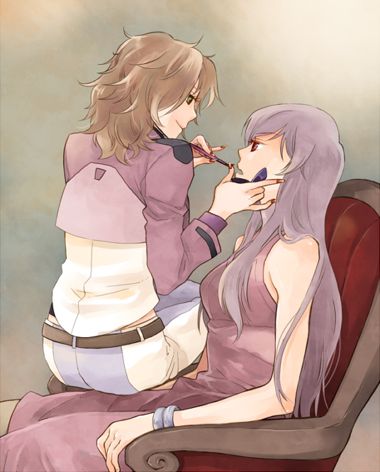 mugi, mugi0209, sumeragi lee noriega, tieria erde, gundam, gundam 00, 00s, 1boy, 1girl, androgynous, applying makeup, armchair, bracelet, brown hair, chair, crop top, dress, jewelry, makeup, makeup brush, male focus, multiple boys, nail polish, pants, purple hair, red eyes, red upholstery, sitting, trap