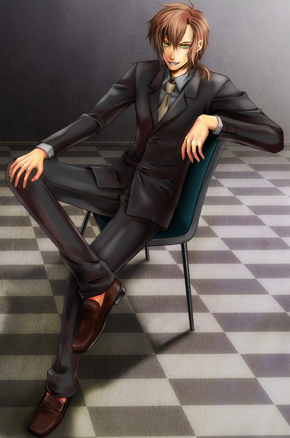 ali al-saachez, gundam, gundam 00, bad id, bad pixiv id, 00s, 1boy, black suit, blue shirt, checkered floor, formal clothes, green eyes, green necktie, grin, loafers, male focus, necktie, red hair, shirt, shoes, sitting, smile, solo, suit