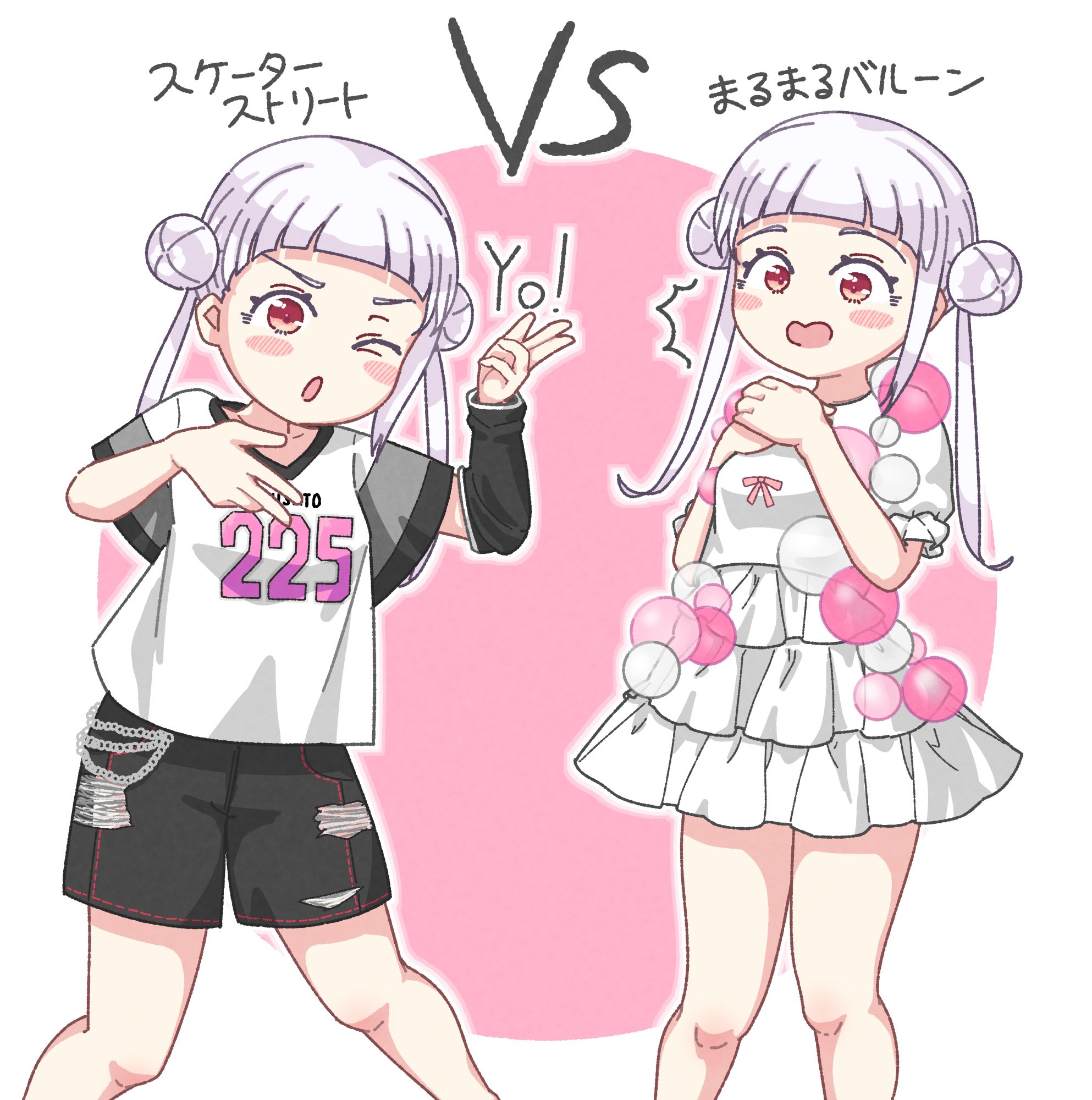 totsumotsu, arashi chisato, love live!, love live! superstar!!, commentary request, highres, 1girl, ;o, arched bangs, black shorts, blush, double bun, dress, frilled skirt, frilled sleeves, frills, hair bun, liella! solo outfit design vote, long hair, miniskirt, multiple views, one eye closed, open mouth, outline, outside border, pink background, red eyes, rhythm (love live!), round image, short sleeves, shorts, simple background, single sidelock, skirt, torn clothes, torn shorts, twintails, white dress, white hair, white outline