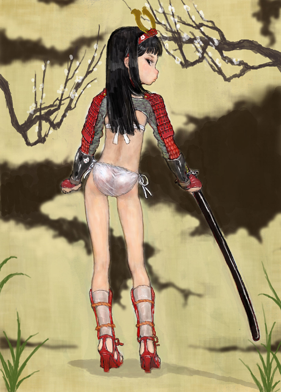 ponsuke (iso fura bon), ponsuke (pon00000), original, bad id, bad pixiv id, 1girl, back, bikini, black hair, female focus, high heels, katana, long hair, looking back, shoes, side-tie bikini bottom, solo, swimsuit, sword, weapon, white bikini