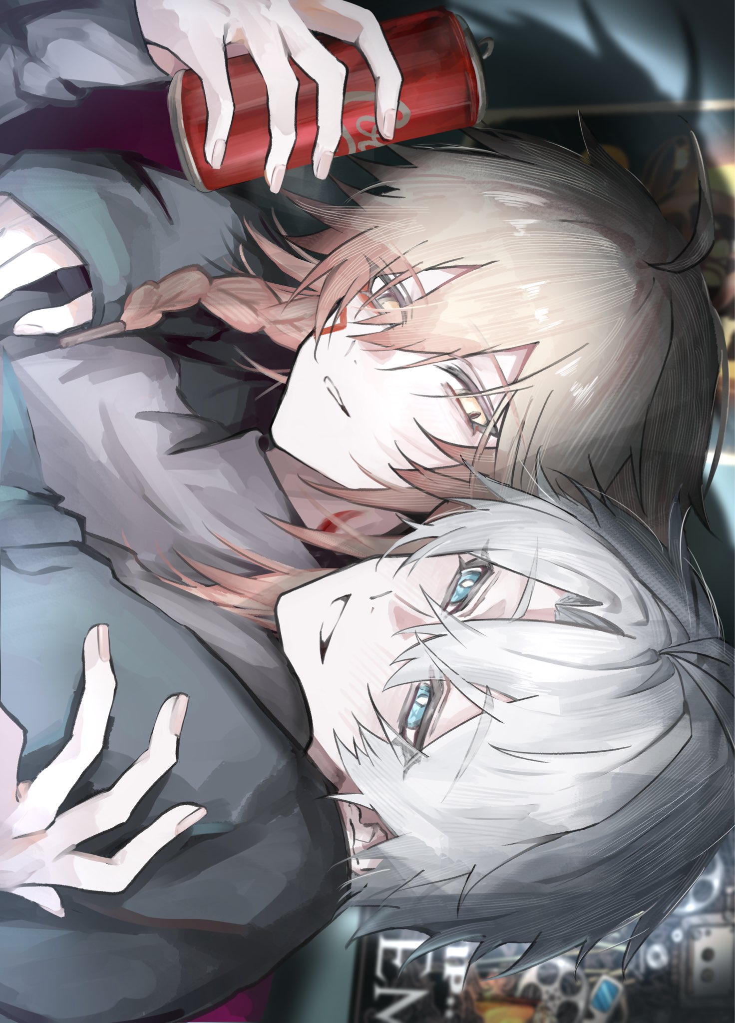iota 1600, mydei (honkai: star rail), phainon (honkai: star rail), coca-cola, honkai: star rail, honkai (series), highres, 2boys, antenna hair, black shirt, blonde hair, blue eyes, blush, braid, can, drink can, facial tattoo, gradient hair, grey sweater, holding, holding can, hug, male focus, medium hair, multicolored hair, multiple boys, neck tattoo, parted bangs, red hair, shirt, short hair, side braid, sideways, soda can, sweater, tattoo, turtleneck, turtleneck sweater, white hair, yaoi, yellow eyes