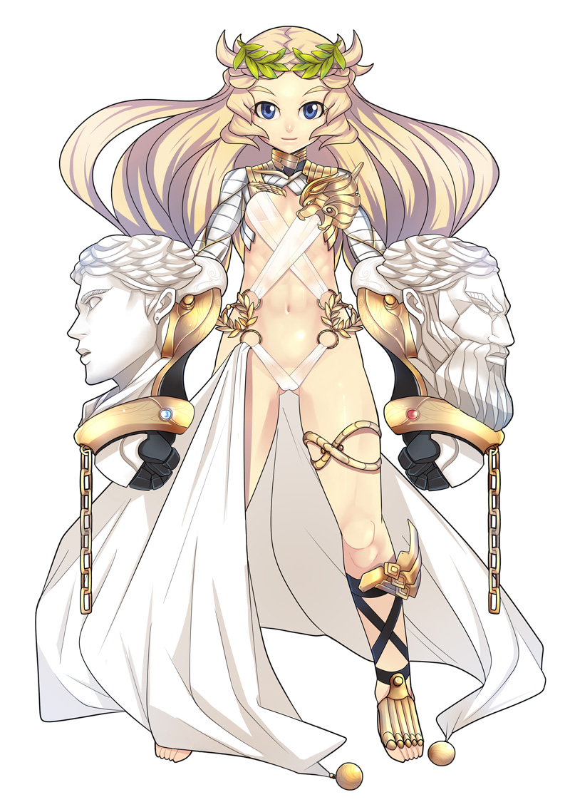 ban! (bansankan), heracles (mythology), hercules, greek mythology, original, yujie shenji, head, bad id, bad pixiv id, 1girl, abs, anklet, armor, blonde hair, blue eyes, blush, chain, clenched hands, female focus, flat chest, full body, fur trim, gauntlets, genderswap, gluteal fold, head wreath, jewelry, laurel crown, laurel wreath, loli, long hair, looking at viewer, muscular, muscular child, navel, revealing clothes, sandals, simple background, smile, solo, standing, straight-on, thigh strap, thighlet, warrior, weapon, white background