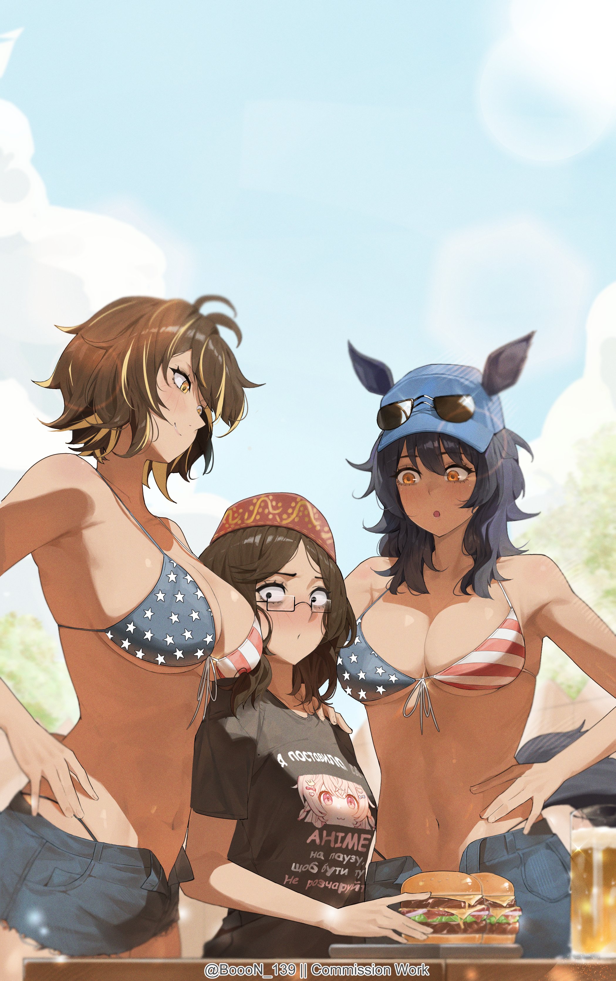 ai-bon, pipkin pippa, original, absurdres, commission, highres, translated, 3girls, alcohol, american flag, american flag print, animal ears, baseball cap, beer, beer mug, belly, between breasts, bikini, bikini print, blue hair, breasts, brown hair, burger, crimean tatar, cup, embroidery, female pervert, fez hat, flag print, food, glasses, hand on another's shoulder, hat, height difference, holding, holding food, horse ears, horse girl, horse tail, large breasts, looking at another, looking at breasts, messy hair, mug, multicolored hair, multiple girls, navel, outdoors, pervert, picnic, shefika (usergore), shorts, sky, streaked hair, sunglasses, sunlight, surrounded, swimsuit, tail, ukrainian text, yellow eyes