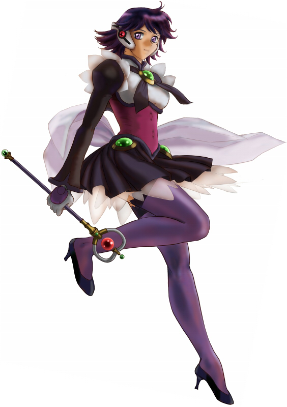 fumizuki hajime, fuzuki hajime, shinozaki ai, corrector yui, bad id, bad pixiv id, 1990s (style), 1girl, bodice, female focus, high heels, legs, mole, mole under eye, purple eyes, purple hair, retro artstyle, scepter, shoes, solo, thighhighs, zettai ryouiki