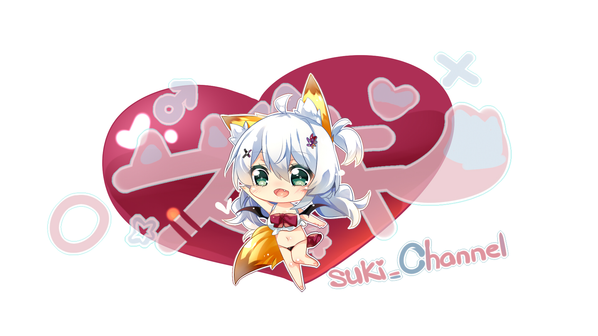 imoe (1017933989), original, commentary request, highres, 1girl, :d, animal ear fluff, animal ears, bikini, black bikini, blush, bow, chibi, chibi only, colored eyelashes, fang, flower, fox ears, fox girl, fox tail, green eyes, hair between eyes, hair flower, hair ornament, halterneck, happy, heart, heart bikini, long hair, low twintails, multicolored bikini, navel, one side up, open mouth, outstretched arms, red bow, red flower, simple background, smile, solo, standing, standing on one leg, star (symbol), swimsuit, tail, twintails, two-tone bikini, white background, white hair, x hair ornament