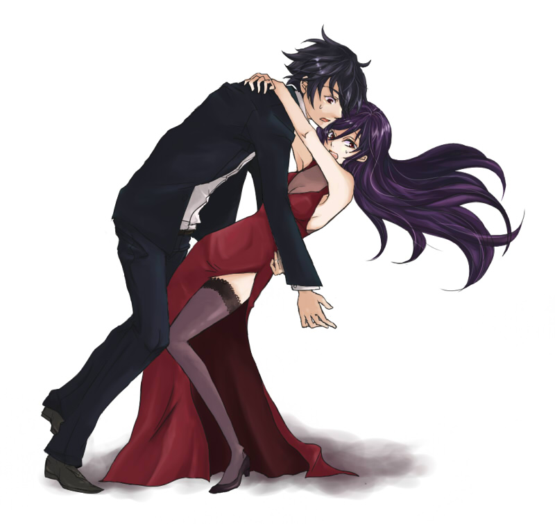 mai (applesong), mai (artist), setsuna f. seiei, tieria erde, gundam, gundam 00, 00s, 2boys, dancing, dress, high heels, multiple boys, purple hair, red eyes, shoes, thighhighs, trap