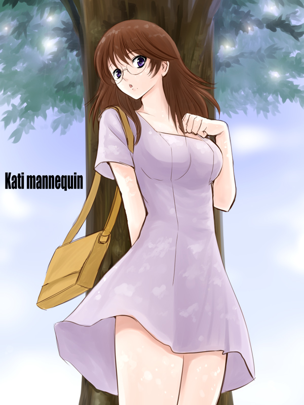 niwatori kokezou, kati mannequin, gundam, gundam 00, 00s, blue eyes, brown hair, dress, glasses, long hair, mole, niwatorikokezou, purple eyes, solo, tree