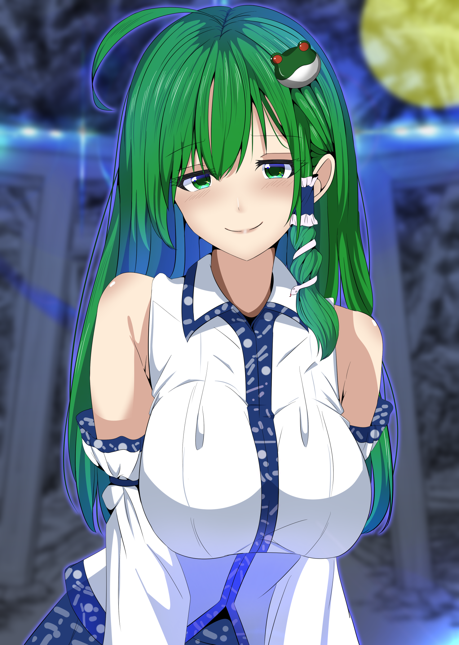 kitaura kasumi, kochiya sanae, touhou, highres, 1girl, ahoge, bare shoulders, blue skirt, breasts, collared shirt, detached sleeves, dot nose, facing viewer, frilled hair tubes, frills, frog hair ornament, green eyes, green hair, hair intakes, hair ornament, hair tubes, half-closed eyes, huge breasts, light blush, long hair, long sleeves, looking at viewer, patterned clothing, print skirt, shirt, single hair tube, single sidelock, skirt, skirt set, sleeve ribbon, sleeveless, sleeveless shirt, smile, snake hair ornament, solo, swept bangs, torii, upper body, wide sleeves