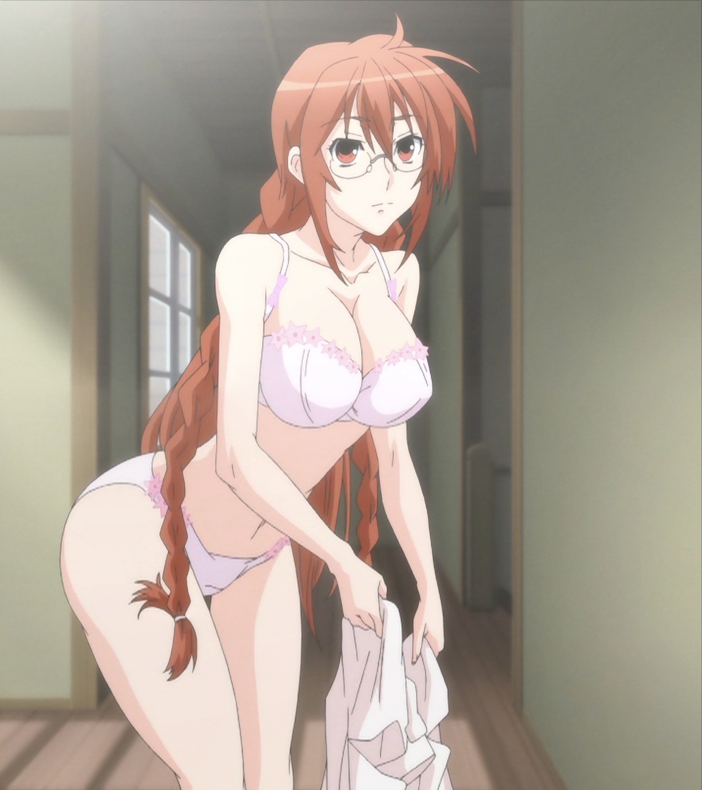 matsu (sekirei), sekirei, anime screenshot, stitched, third-party edit, 00s, 1girl, bra, braid, breasts, cleavage, female focus, glasses, large breasts, leaning forward, lingerie, long hair, panties, pink bra, pink panties, red eyes, red hair, solo, standing, towel, underwear, underwear only